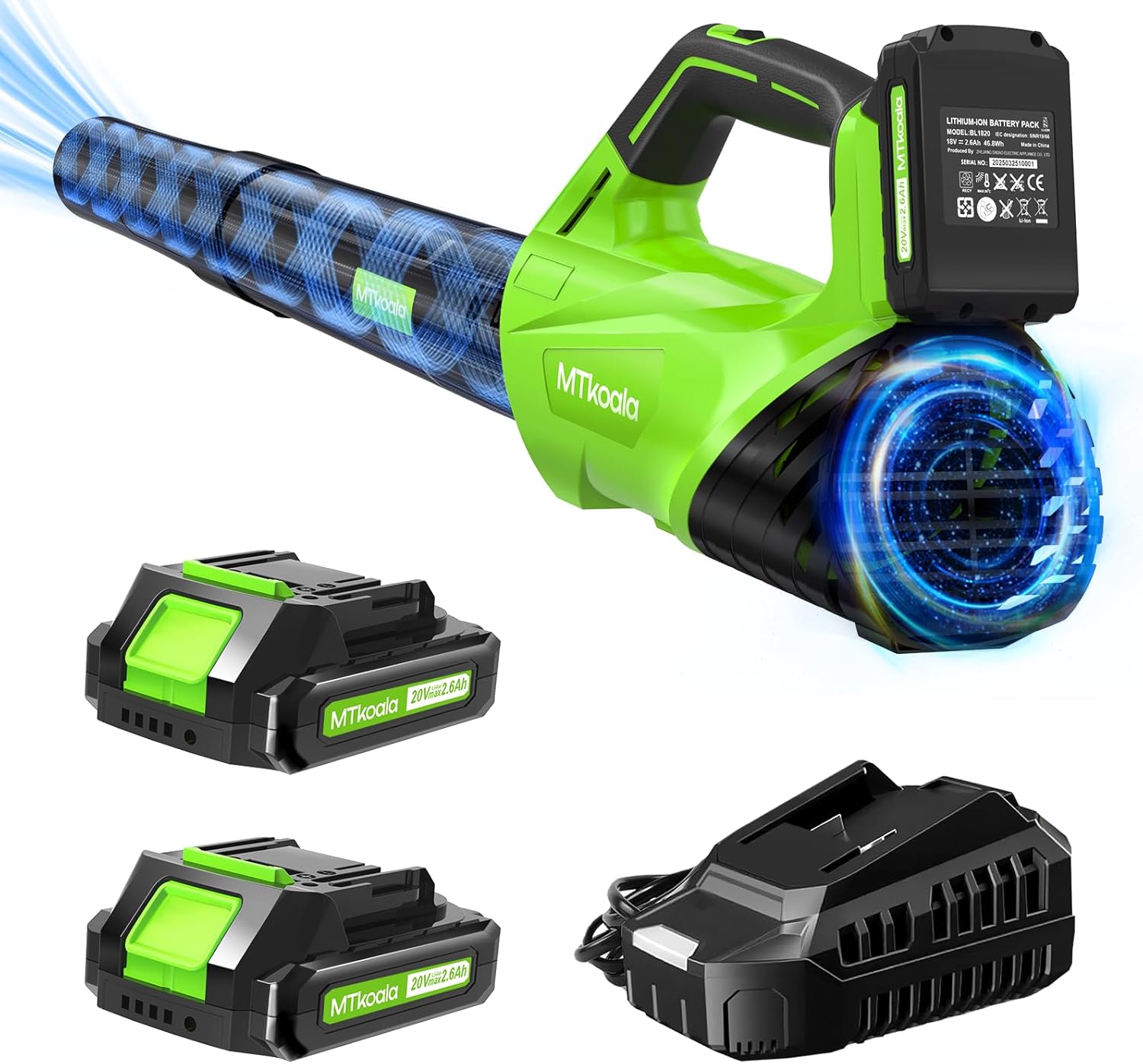 MTKOALA Cordless Leaf Blower 2 Batteries Fast Charger 450CFM 150MPH Lightweight