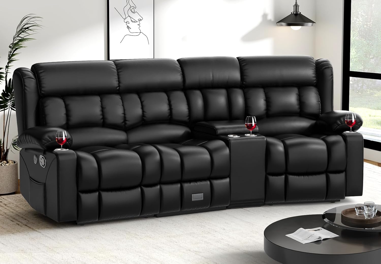 Dresegmt 3 Seat Loveseat Recliner Sofa Flip Middle Storage USB Ports Cup Holders