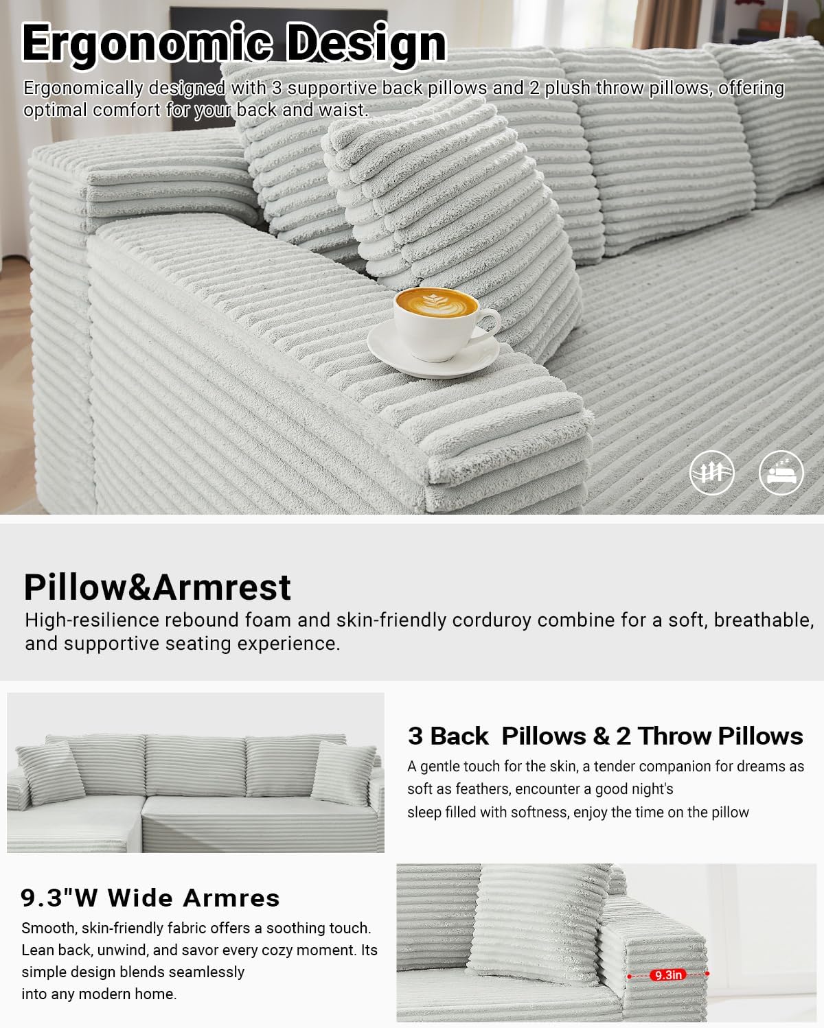 HANXIN Cloud Sectional Sofa L Shape Chaise Deep Seat Modular Living Room Couch