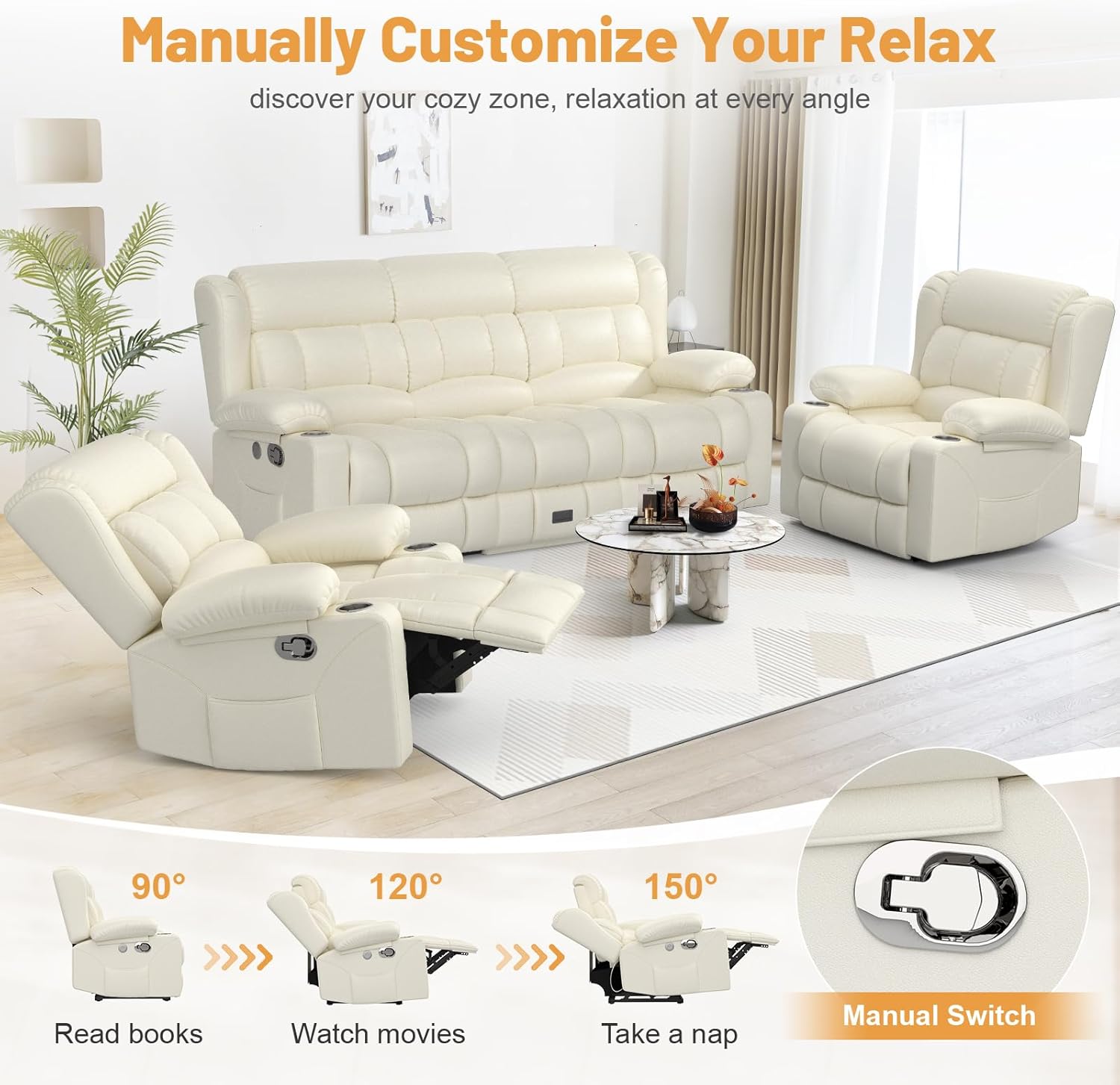 Dresegmt 3 Seat Loveseat Recliner Sofa Flip Middle Storage USB Ports Cup Holders
