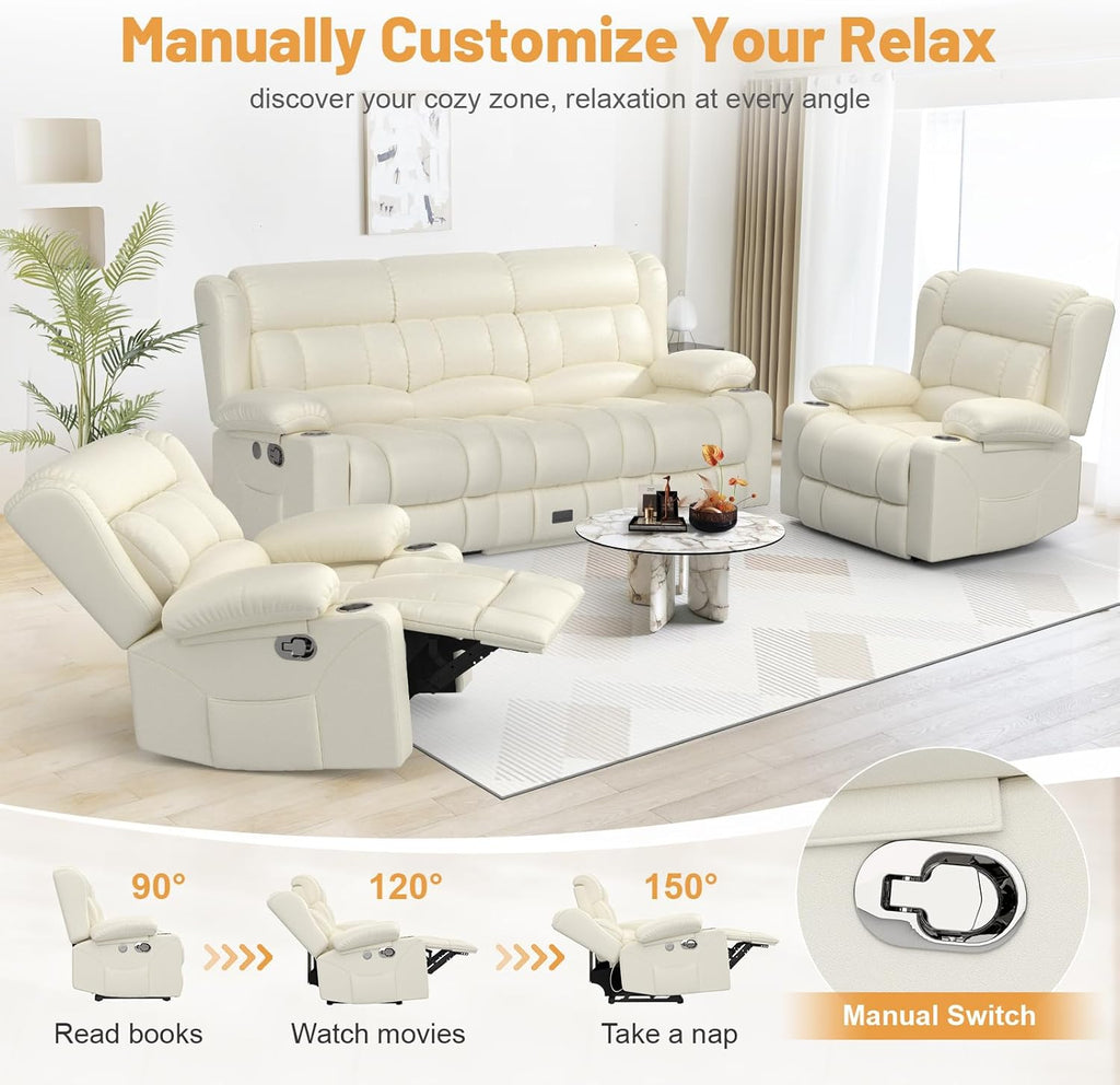 Dresegmt Loveseat Recliner Sofa 3 Seat Flip Backrest with Storage USB Cup Holders