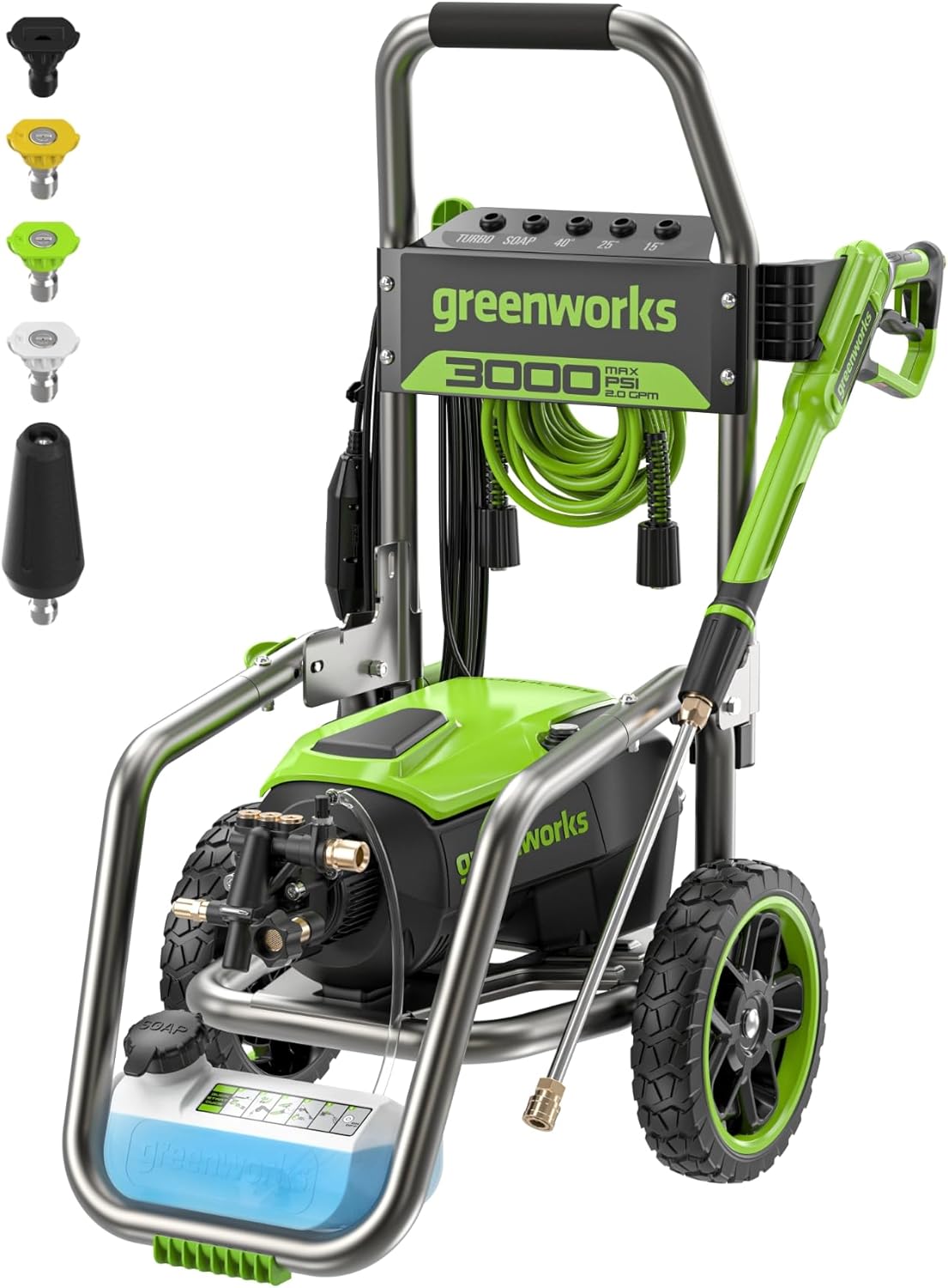 Greenworks 2000 PSI Electric Pressure Washer 13 Amp with Wheels 20 FT Hose 35 FT Cord