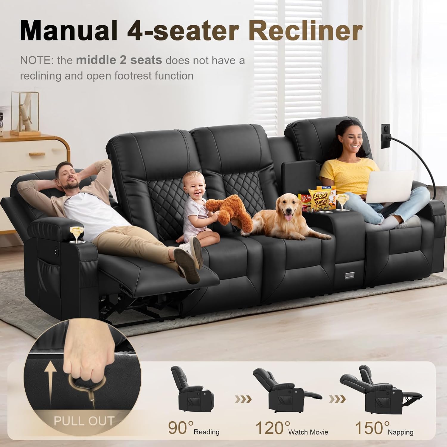 YONISEE 3 Seat Recliner Sofa Large Manual Reclining Couch with Storage Console