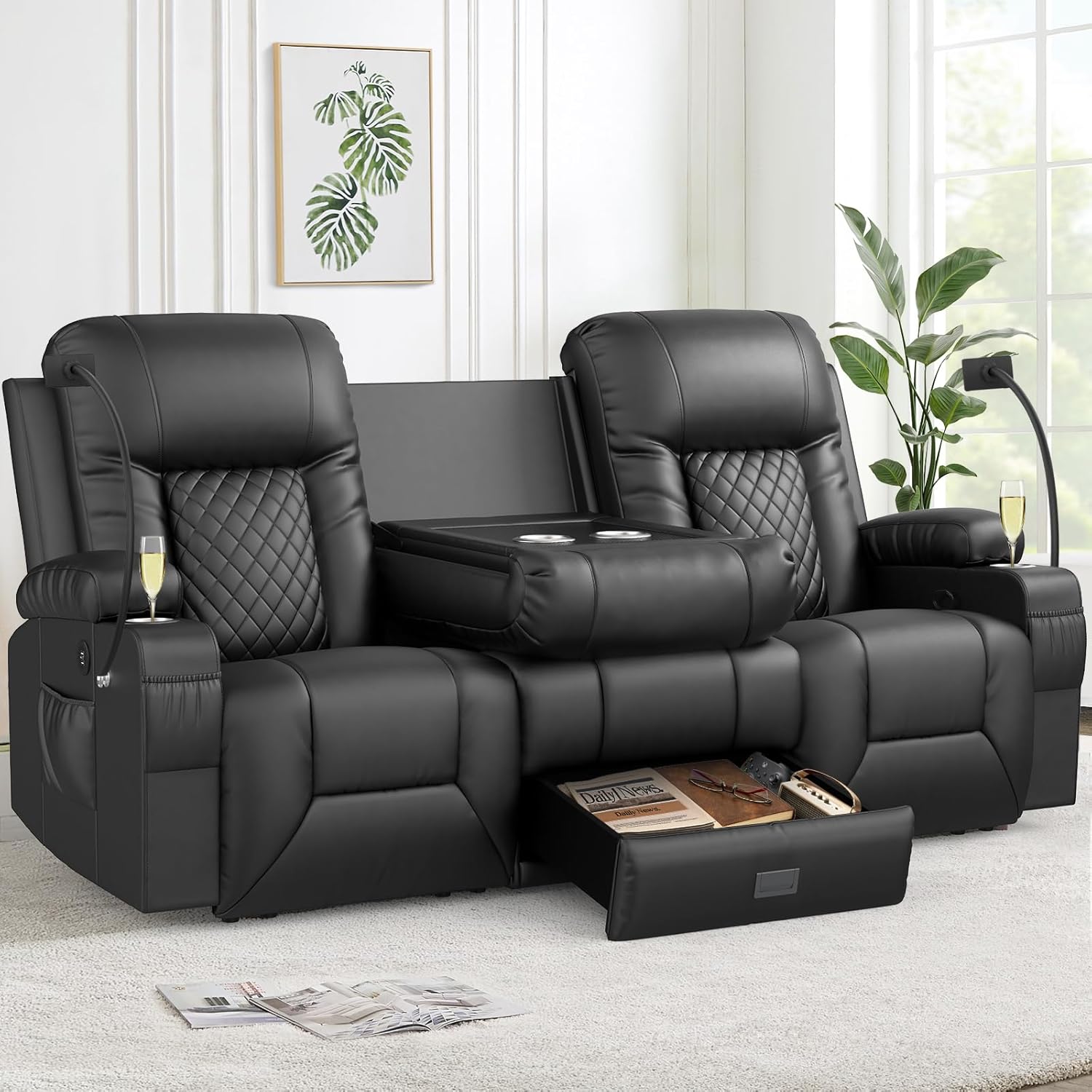 FURNIMAT Loveseat Recliner Sofa 2 Seater PU Leather Couch with USB Cup Holders