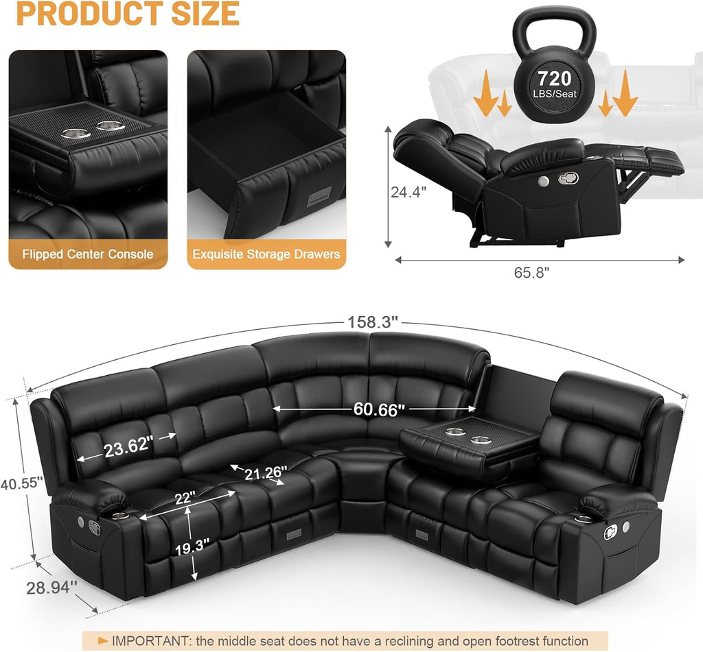 Dresegmt Loveseat Recliner Sofa 3 Seat Flip Backrest with Storage USB Cup Holders