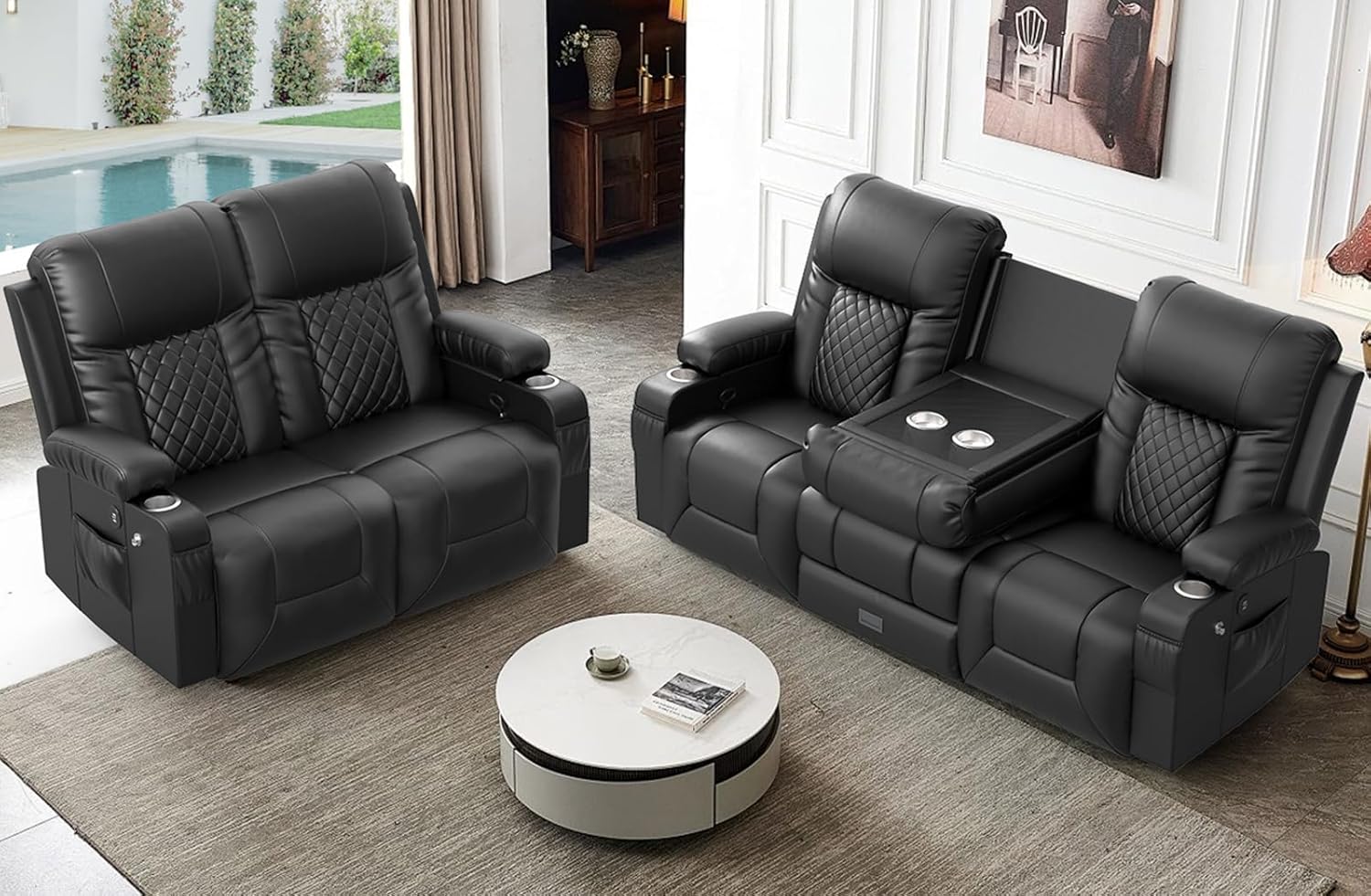 FURNIMAT Loveseat Recliner Sofa 2 Seater PU Leather Couch with USB Cup Holders