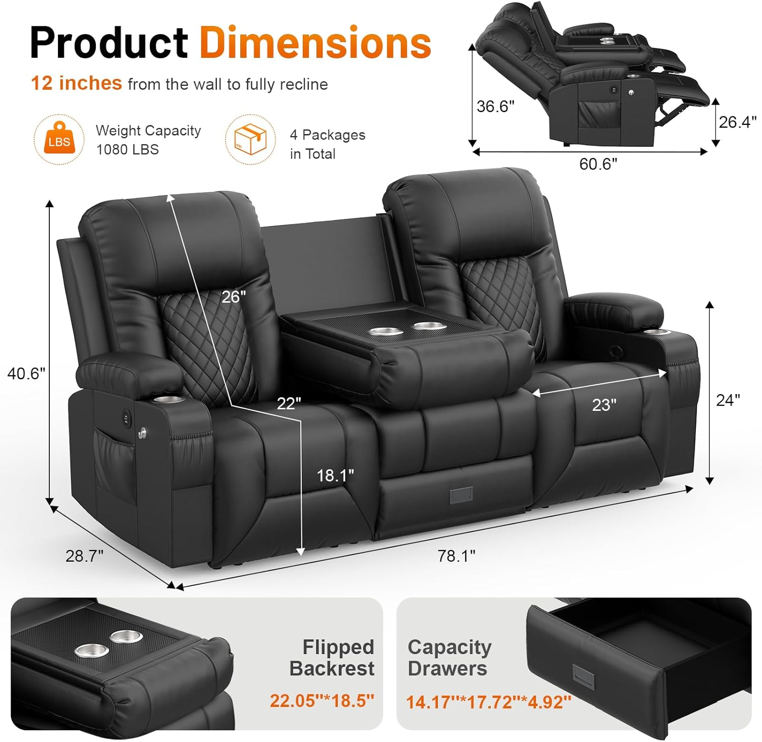 FURNIMAT 2 Seater Loveseat Recliner Sofa PU Leather with Cup Holders USB Ports
