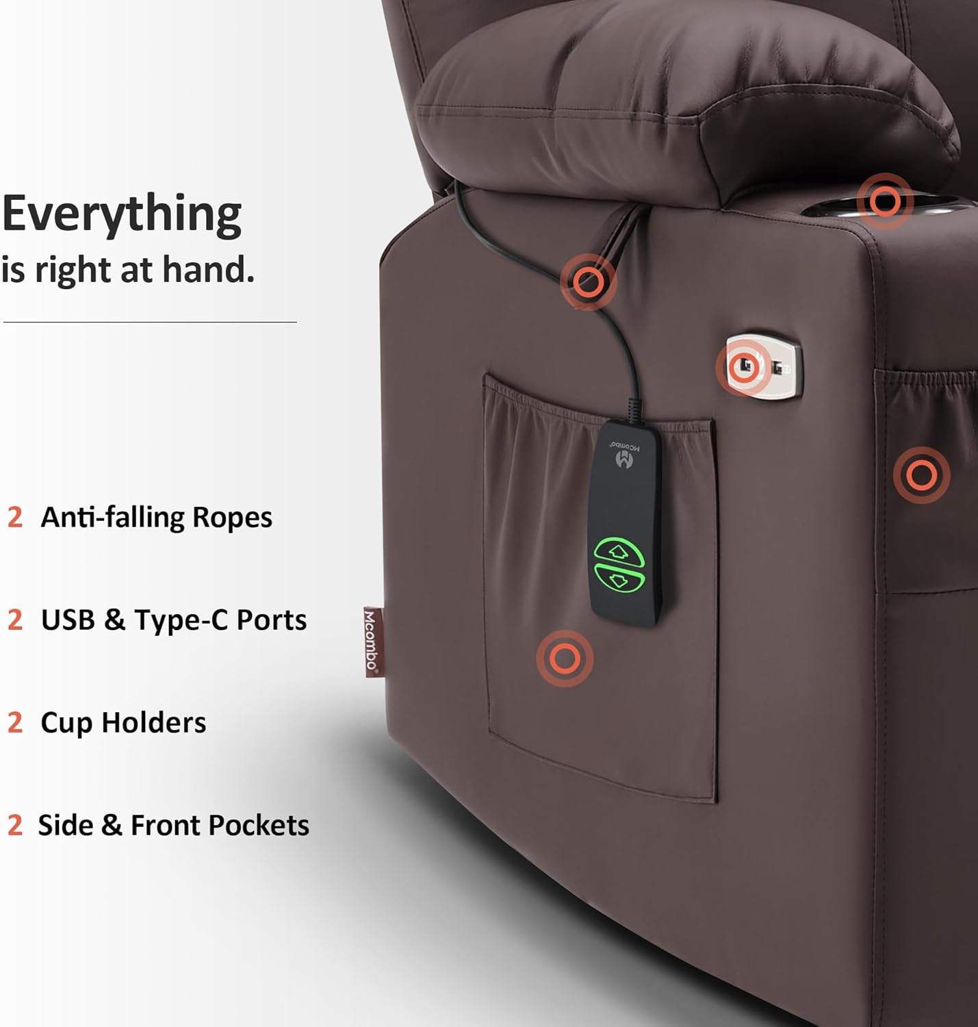MCombo Electric Power Lift Recliner Massage Heat Chair for Elderly 3 Positions 2 Pockets USB