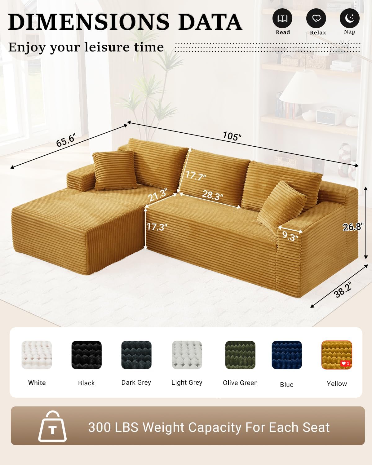 HANXIN Cloud Sectional Sofa L Shape Chaise Deep Seat Modular Living Room Couch