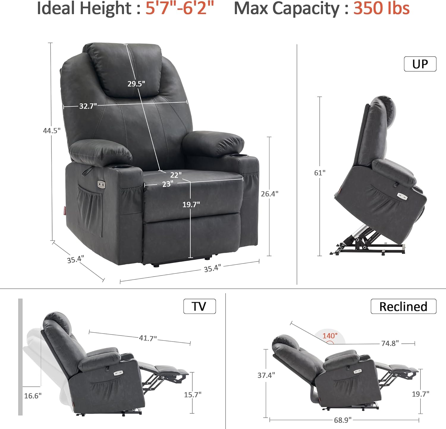 MCombo Electric Power Lift Recliner Massage Heat Chair for Elderly 3 Positions 2 Pockets USB
