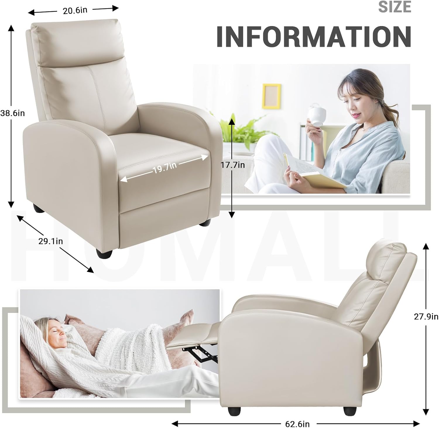 Homall Modern Recliner Chair PU Leather Padded Seat Single Sofa Home Theater