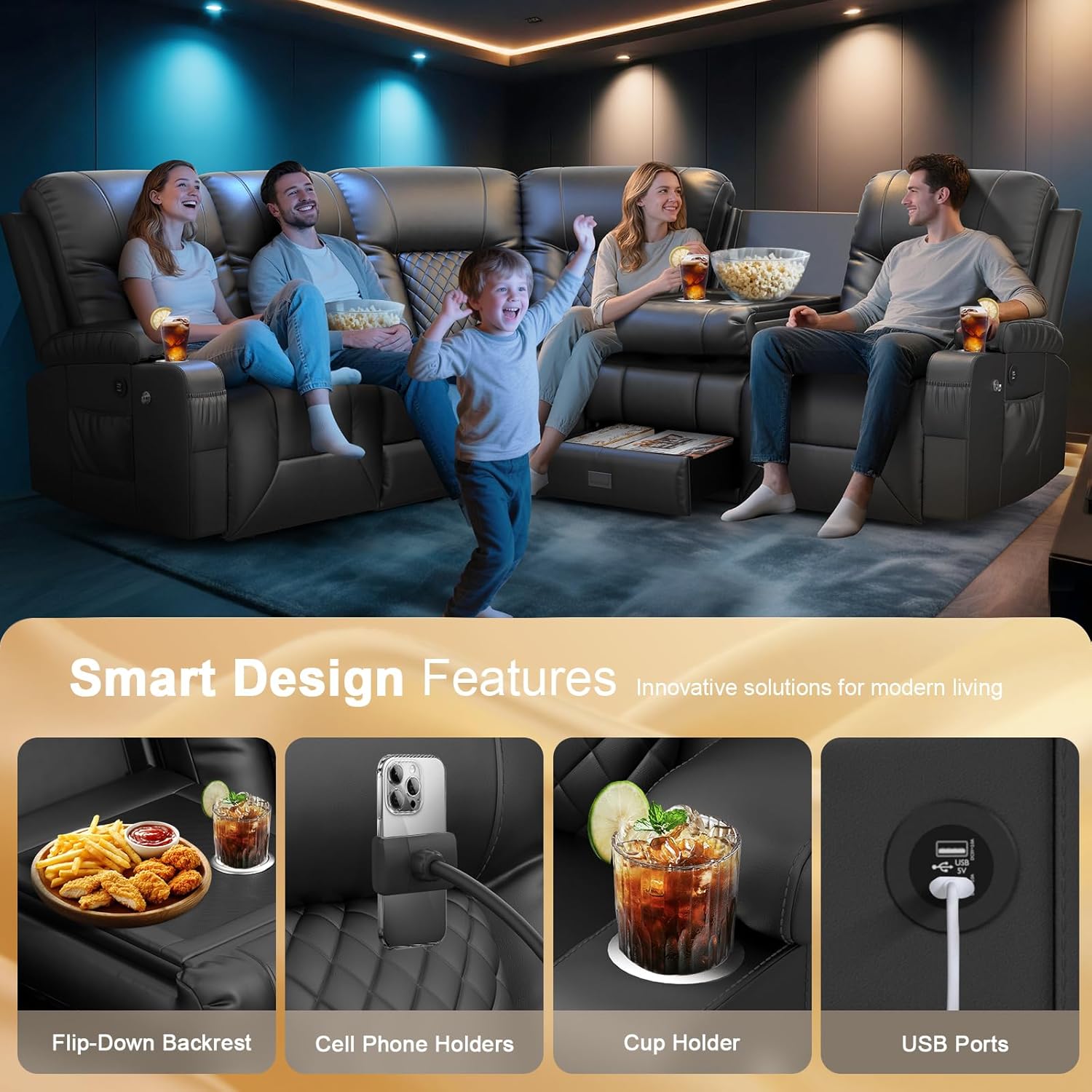 FURNIMAT Loveseat Recliner Sofa 2 Seater PU Leather Couch with USB Cup Holders