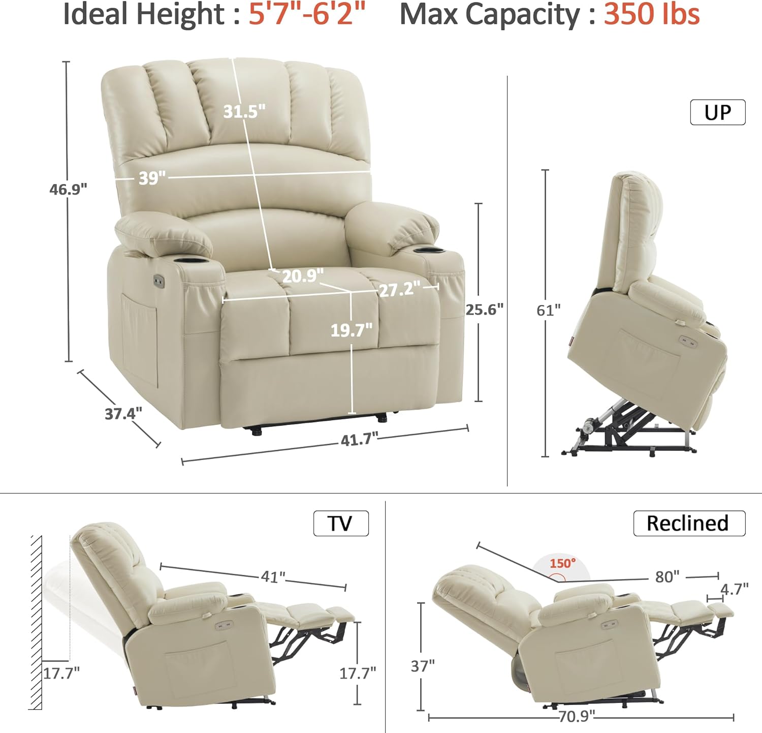 MCombo Power Lift Recliner Chair for Elderly with Heat Massage USB Cup Holders