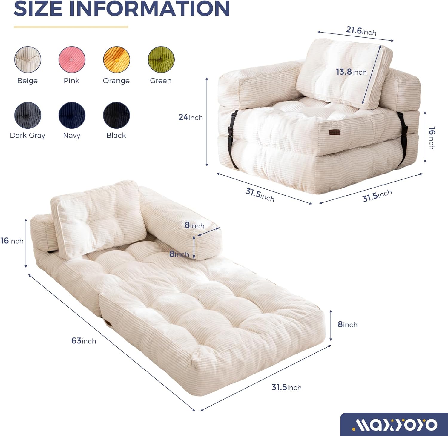 MAXYOYO L Shaped Folding Sofa Bed Convertible Sleeper with Pillow Armrest