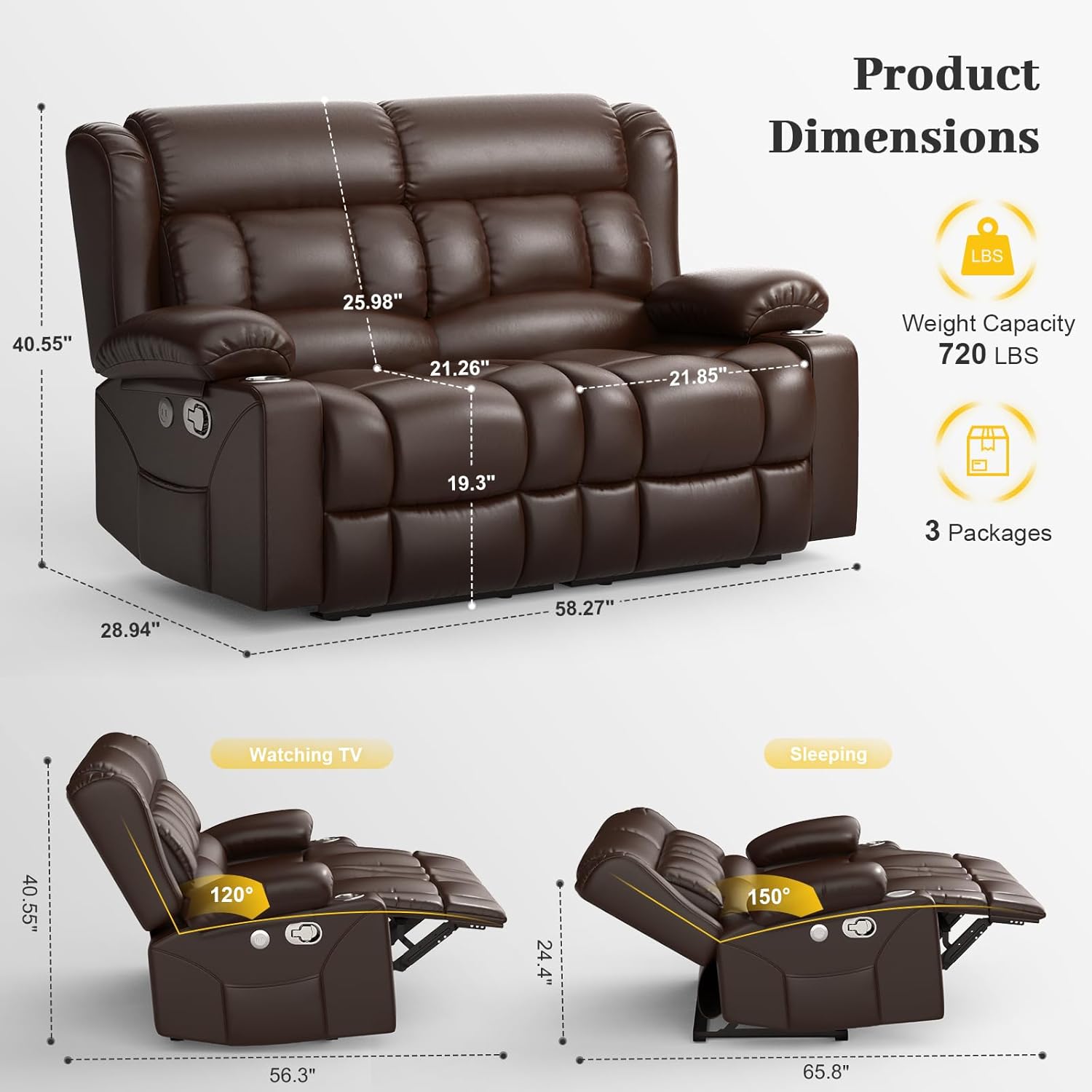 FURNIMAT Loveseat Recliner Sofa 2 Seater PU Leather Couch with USB Cup Holders
