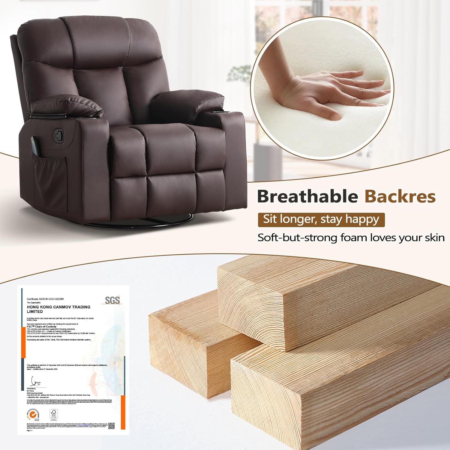 ANJ Swivel Rocker Recliner Chair Manual Fabric Small Space