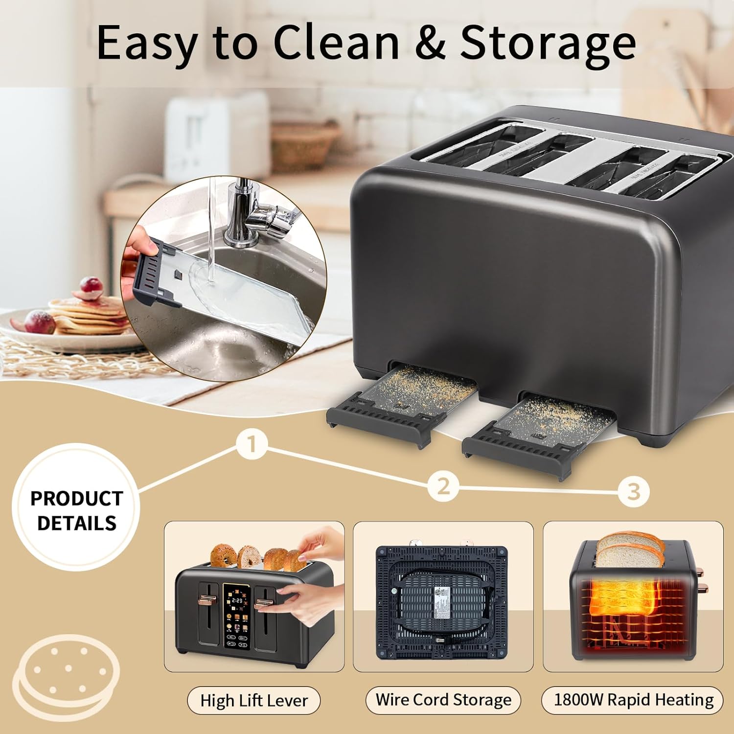SEEDEEM 4 Slice Touch Screen Toaster LCD Display 7 Shade Settings Wide Slots 1800W