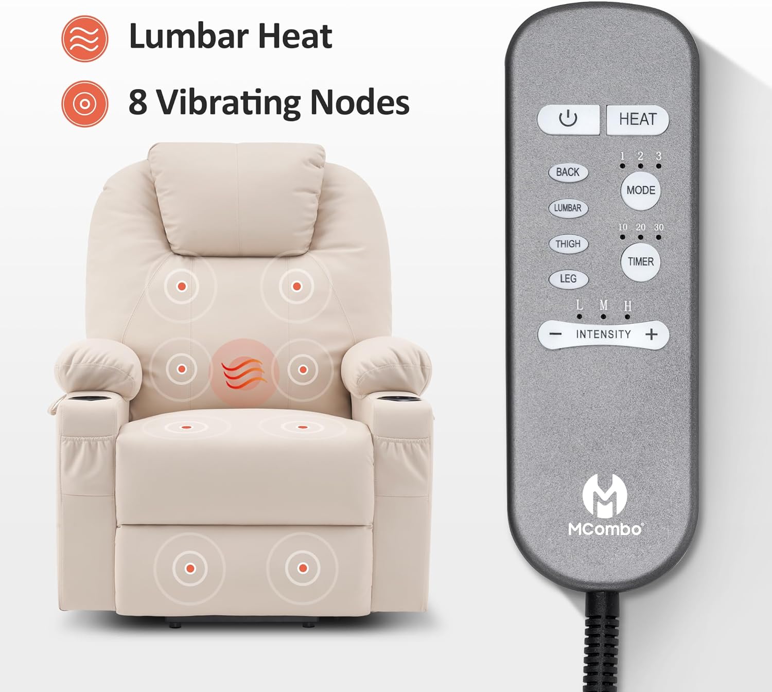 MCombo Electric Power Lift Recliner Massage Heat Chair for Elderly 3 Positions 2 Pockets USB