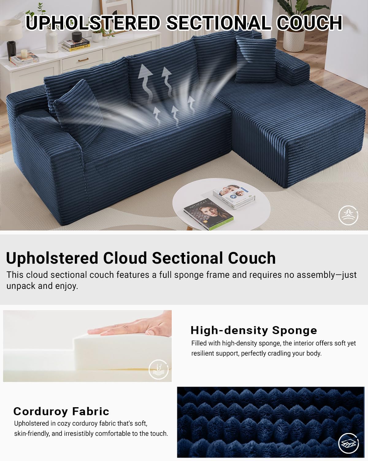 HANXIN Cloud Sectional Sofa L Shape Chaise Deep Seat Modular Living Room Couch