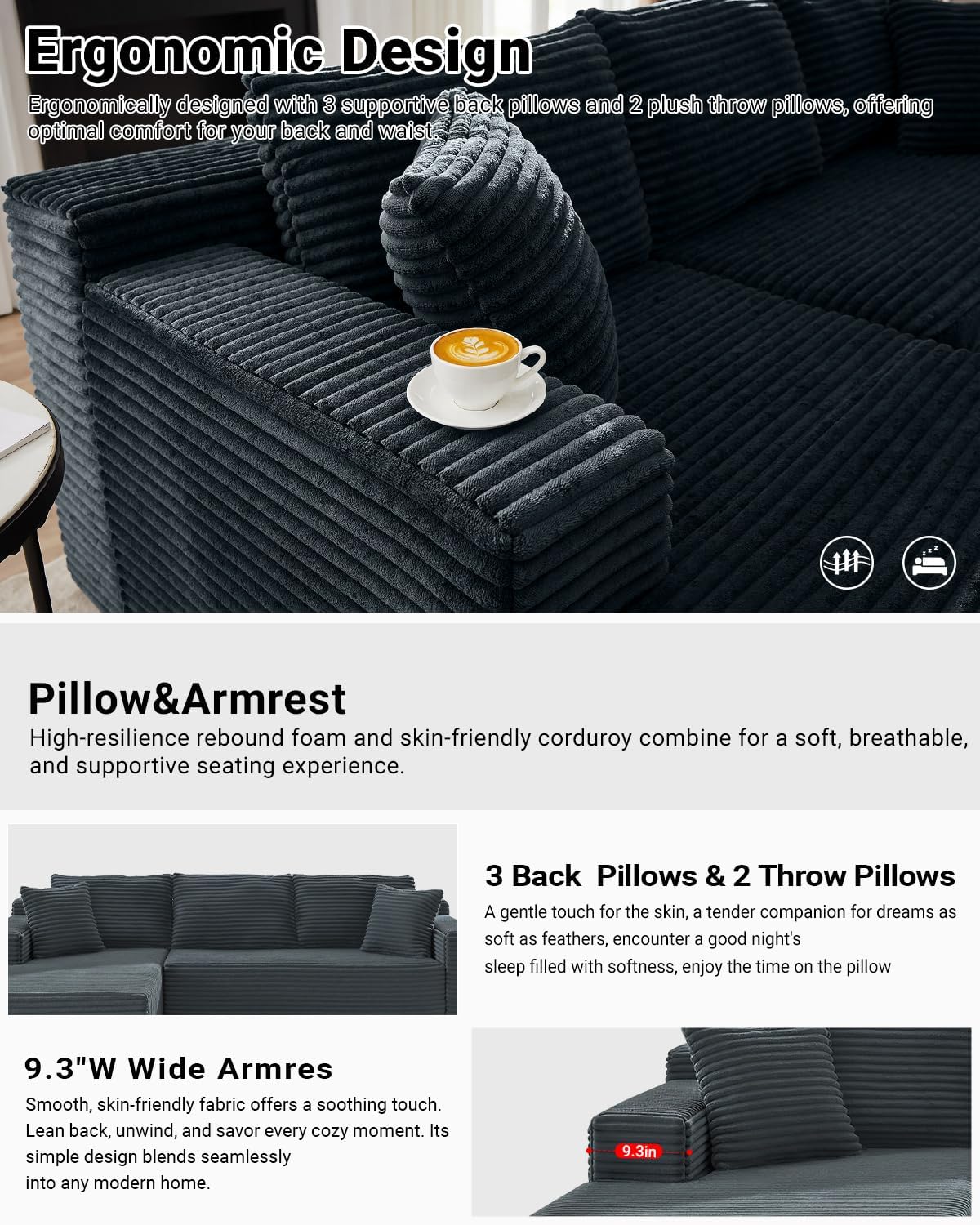 HANXIN Cloud Sectional Sofa L Shape Chaise Deep Seat Modular Living Room Couch