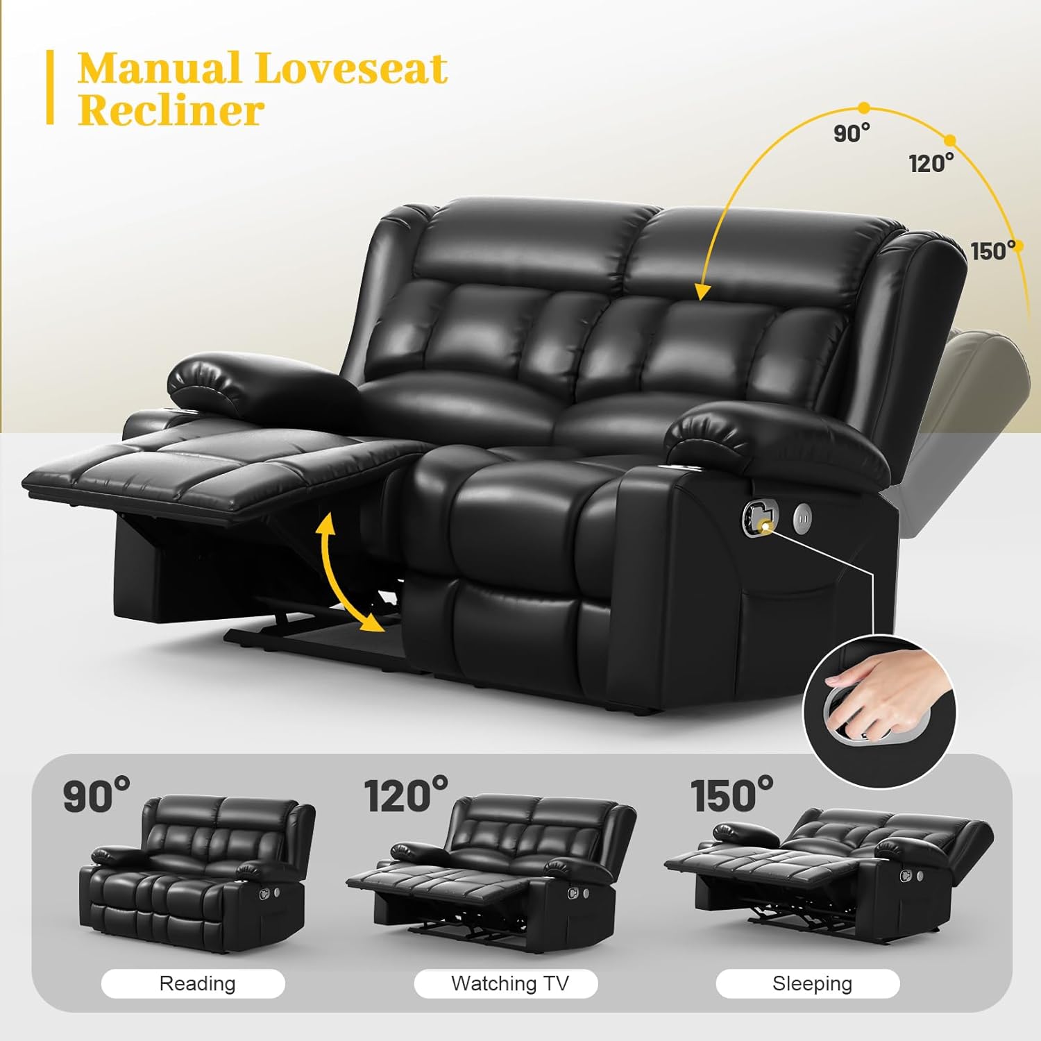 FURNIMAT Loveseat Recliner Sofa 2 Seater PU Leather Couch with USB Cup Holders