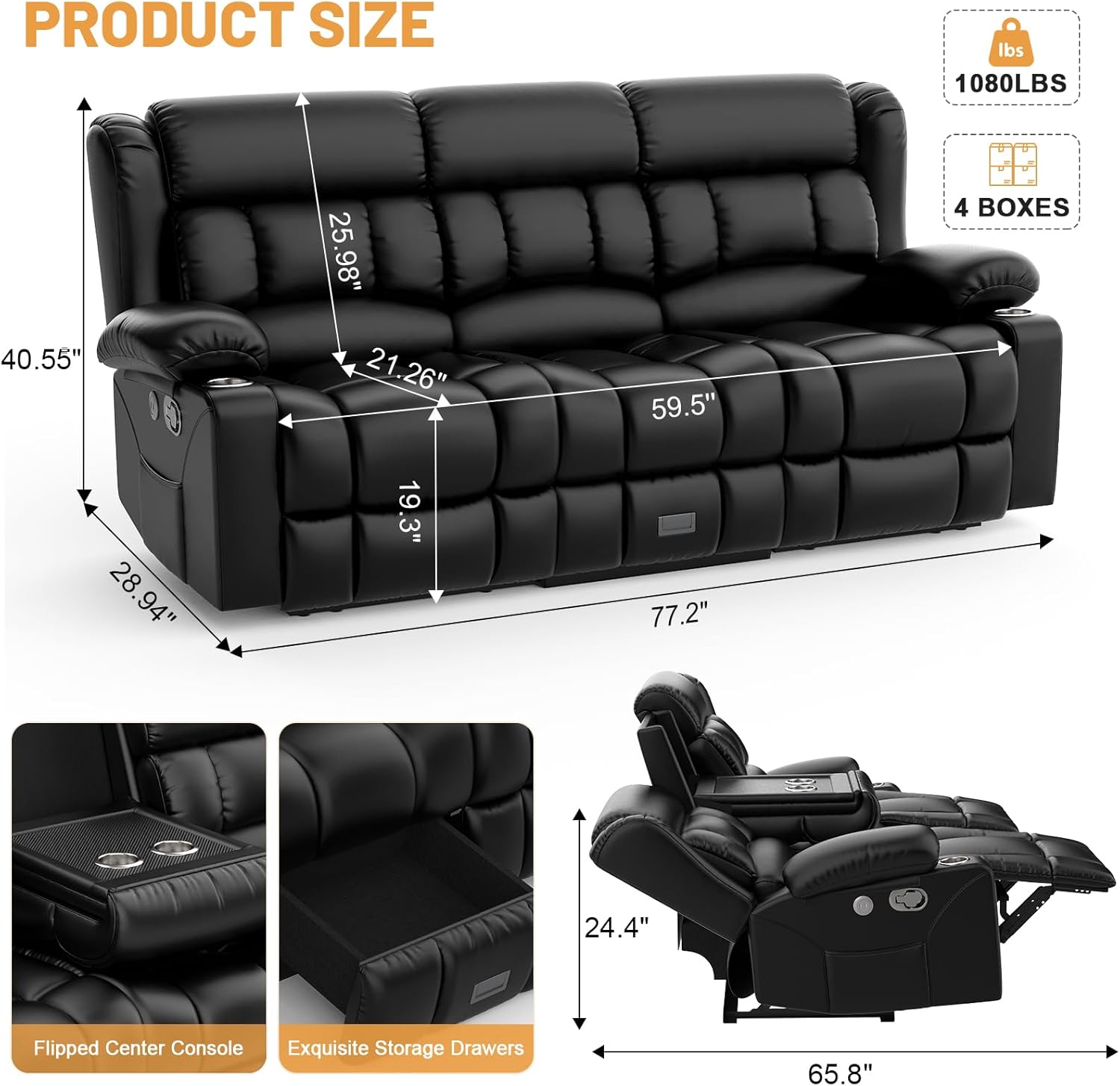 Dresegmt Loveseat Recliner Sofa 3 Seat Flip Backrest with Storage USB Cup Holders
