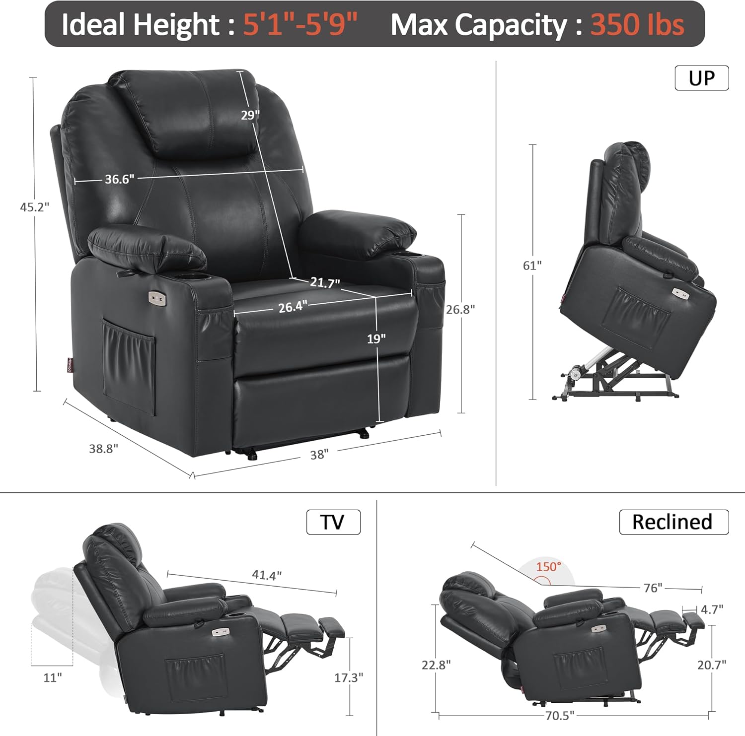 MCombo Electric Power Lift Recliner Massage Heat Chair for Elderly 3 Positions 2 Pockets USB