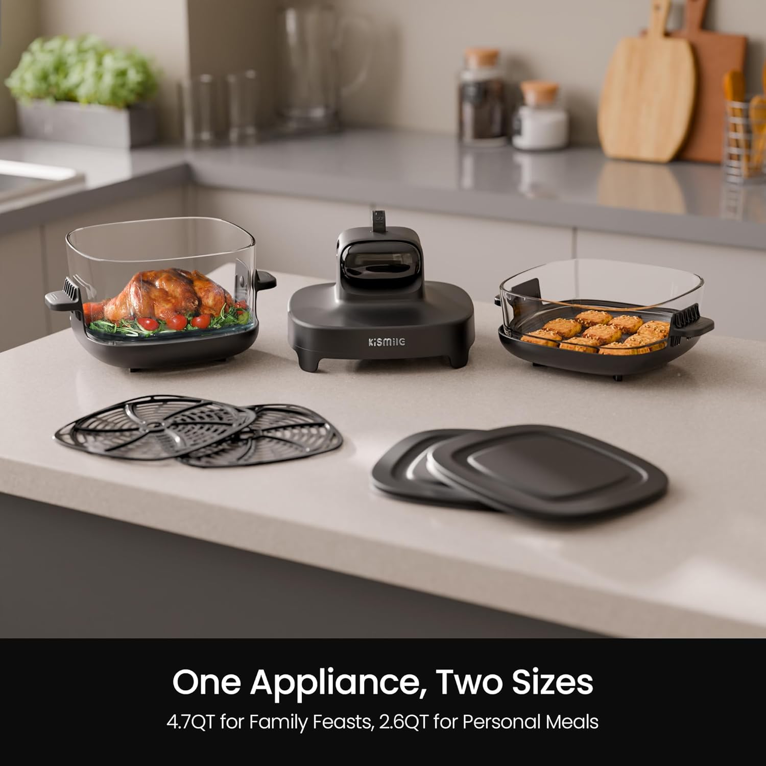 Kismile Portable Glass Air Fryer 5 in 1 Dual Containers Compact Smart Oven