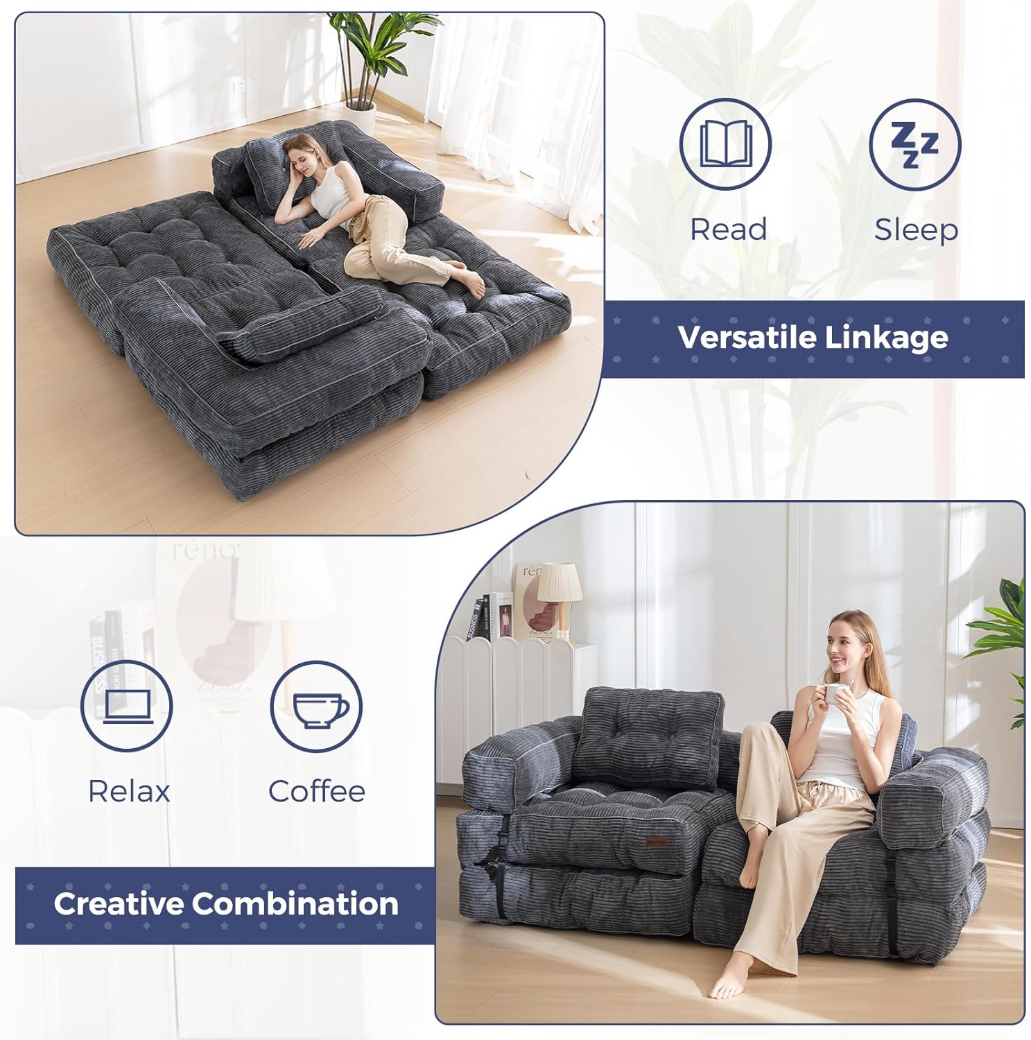MAXYOYO L Shaped Folding Sofa Bed Convertible Sleeper with Pillow Armrest