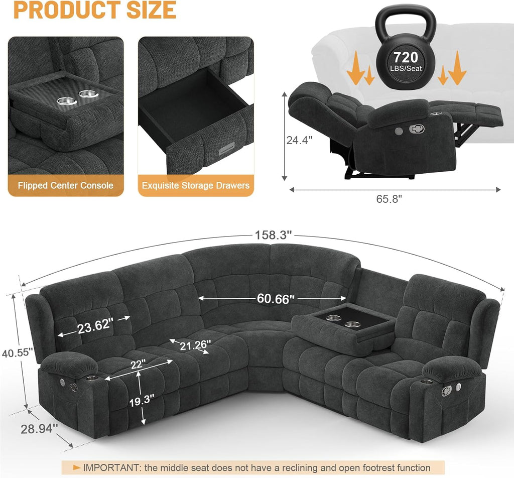 Dresegmt Loveseat Recliner Sofa 3 Seat Flip Backrest with Storage USB Cup Holders