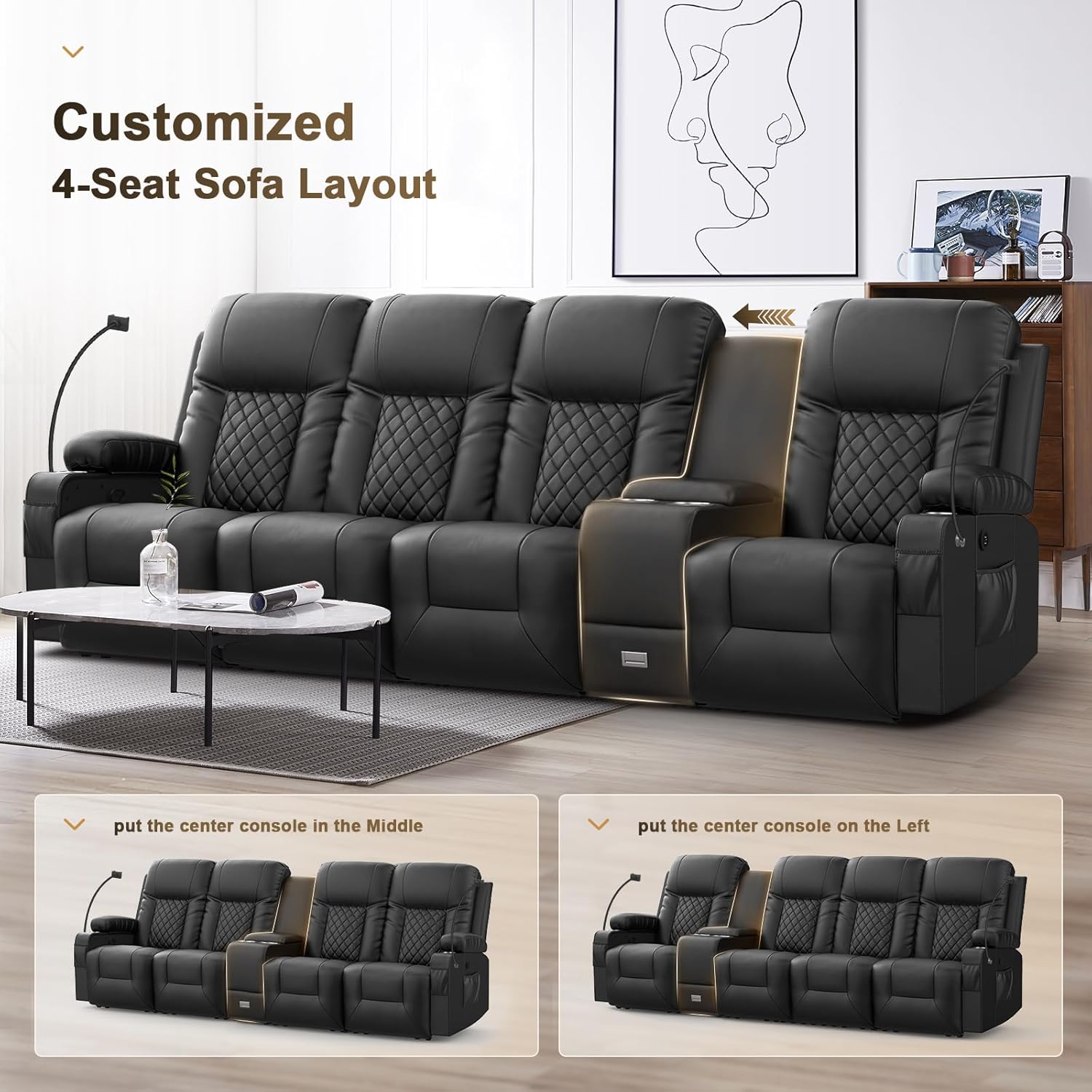 YONISEE 3 Seat Recliner Sofa Large Manual Reclining Couch with Storage Console