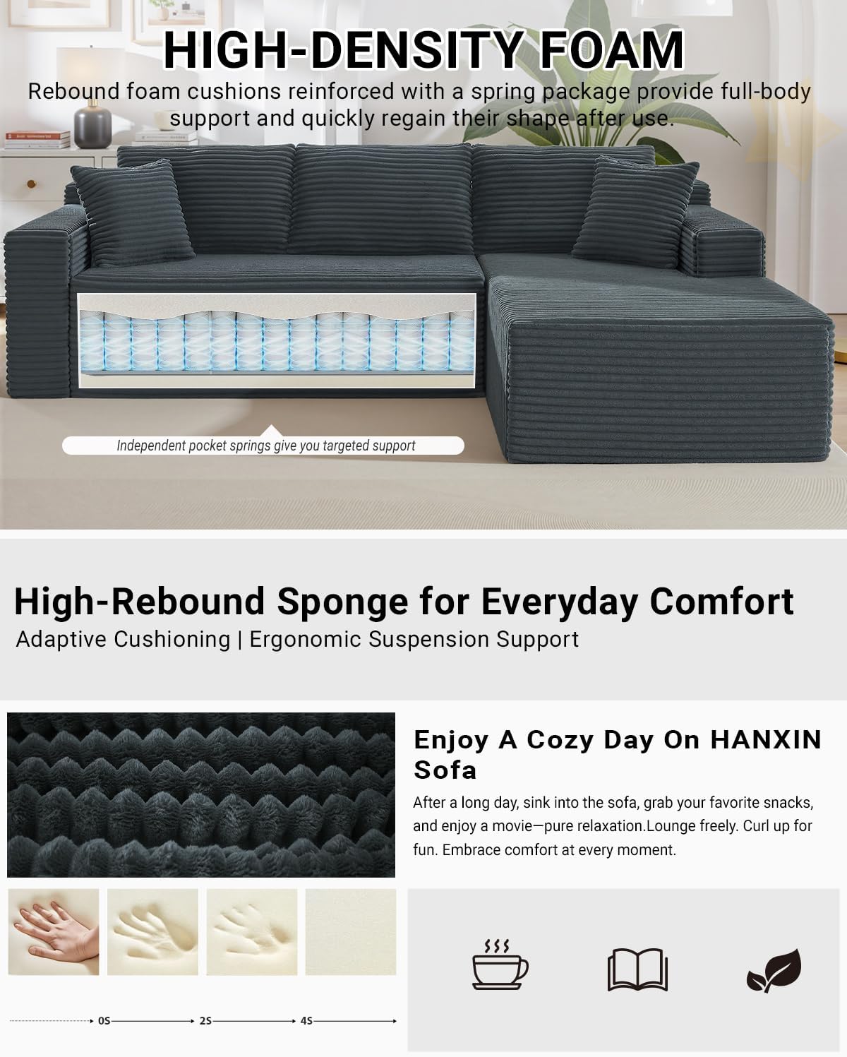 HANXIN Cloud Sectional Sofa L Shape Chaise Deep Seat Modular Living Room Couch