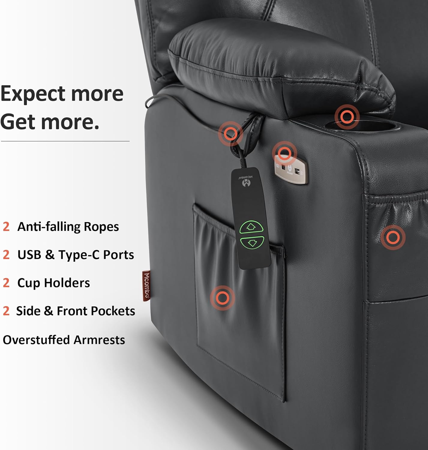 MCombo Electric Power Lift Recliner Massage Heat Chair for Elderly 3 Positions 2 Pockets USB