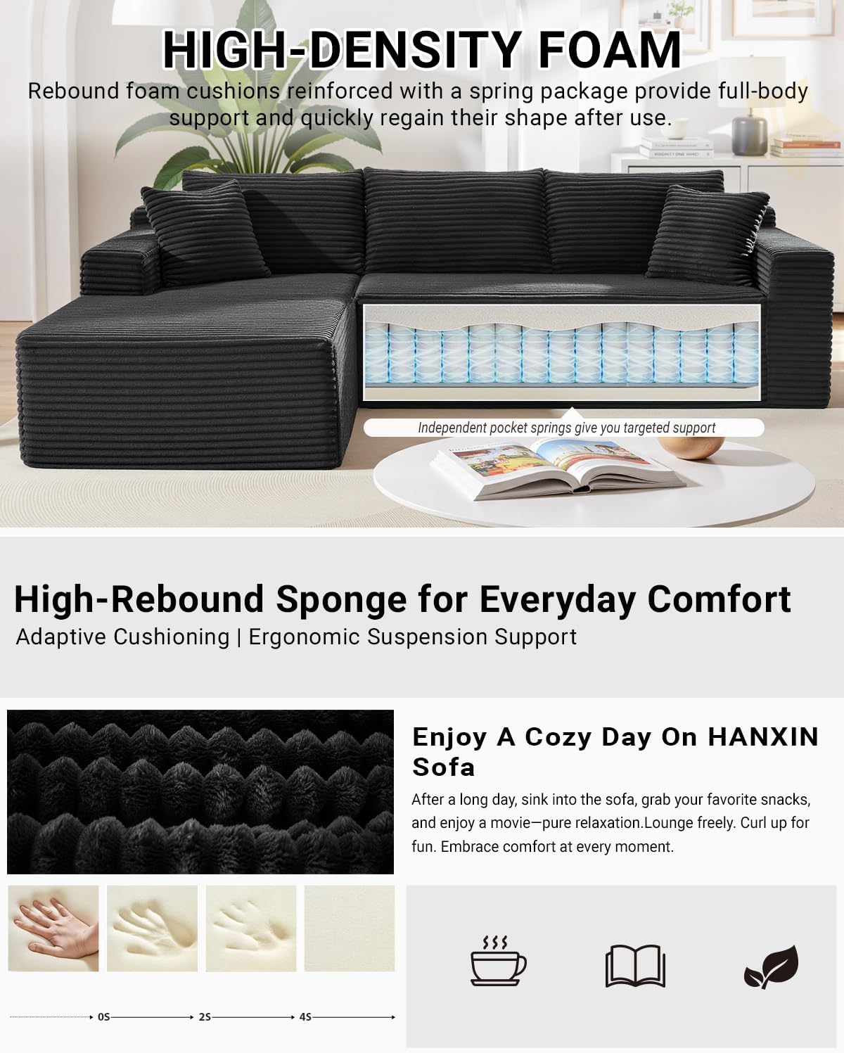 HANXIN Cloud Sectional Sofa L Shape Chaise Deep Seat Modular Living Room Couch