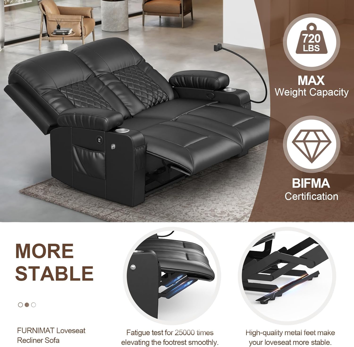 FURNIMAT Loveseat Recliner Sofa 2 Seater PU Leather Couch with USB Cup Holders