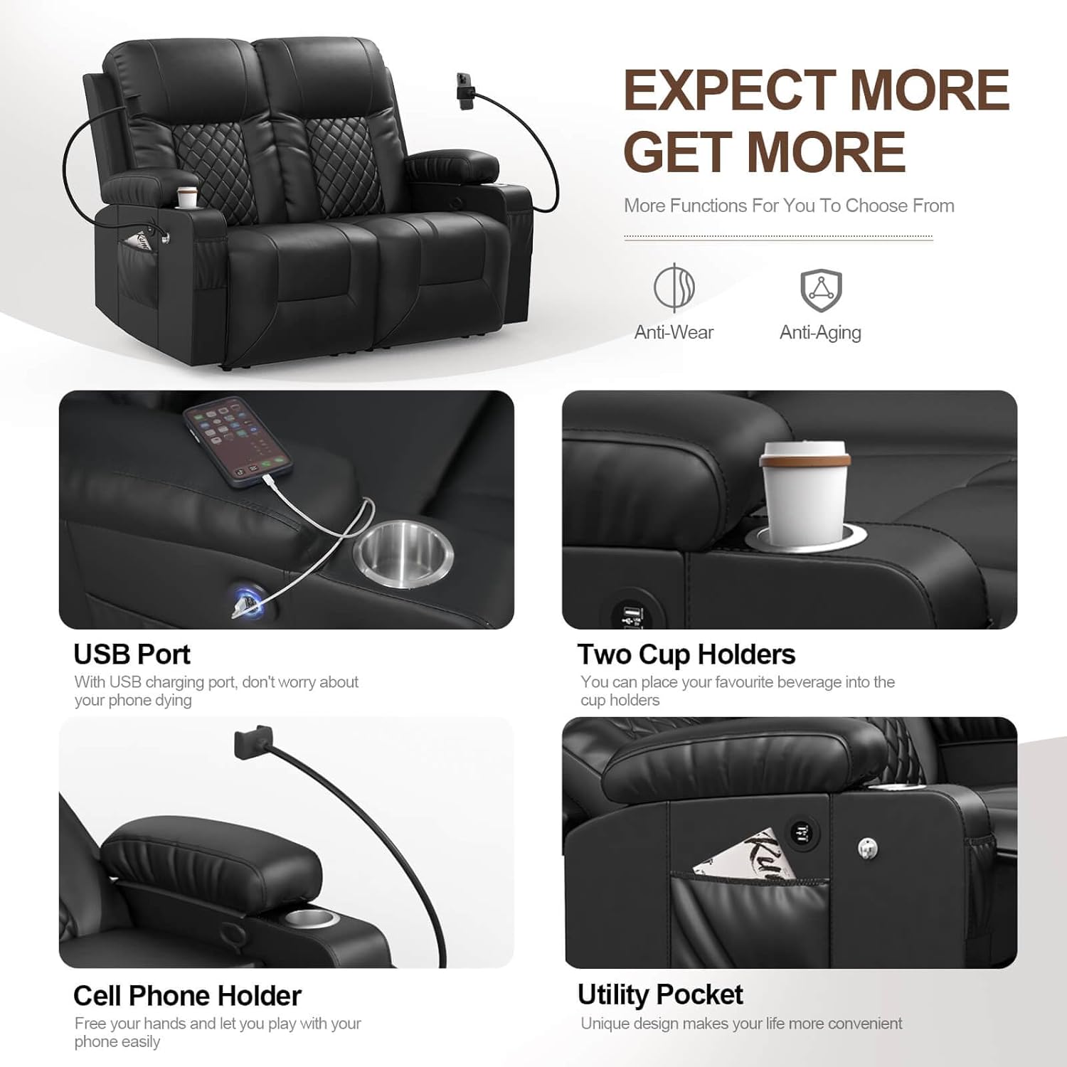 FURNIMAT Loveseat Recliner Sofa 2 Seater PU Leather Couch with USB Cup Holders