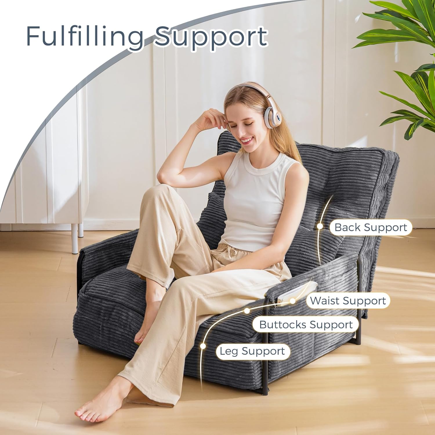 MAXYOYO Adjustable Floor Sofa Bed with Armrest Double Black Foldable Sleeper