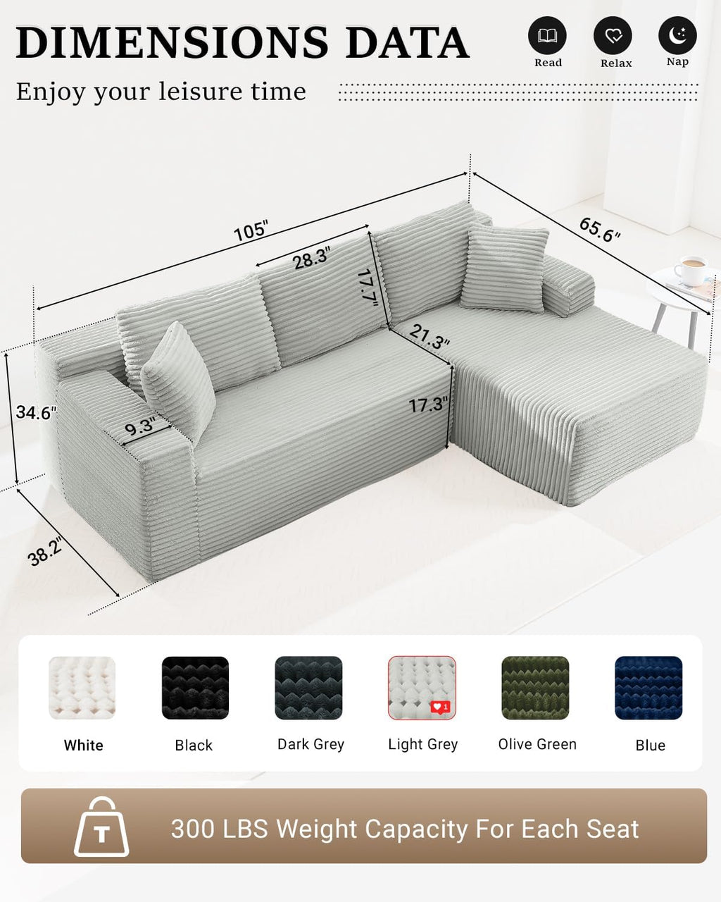 HANXIN Cloud Sectional Sofa L Shape Chaise Deep Seat Modular Living Room Couch
