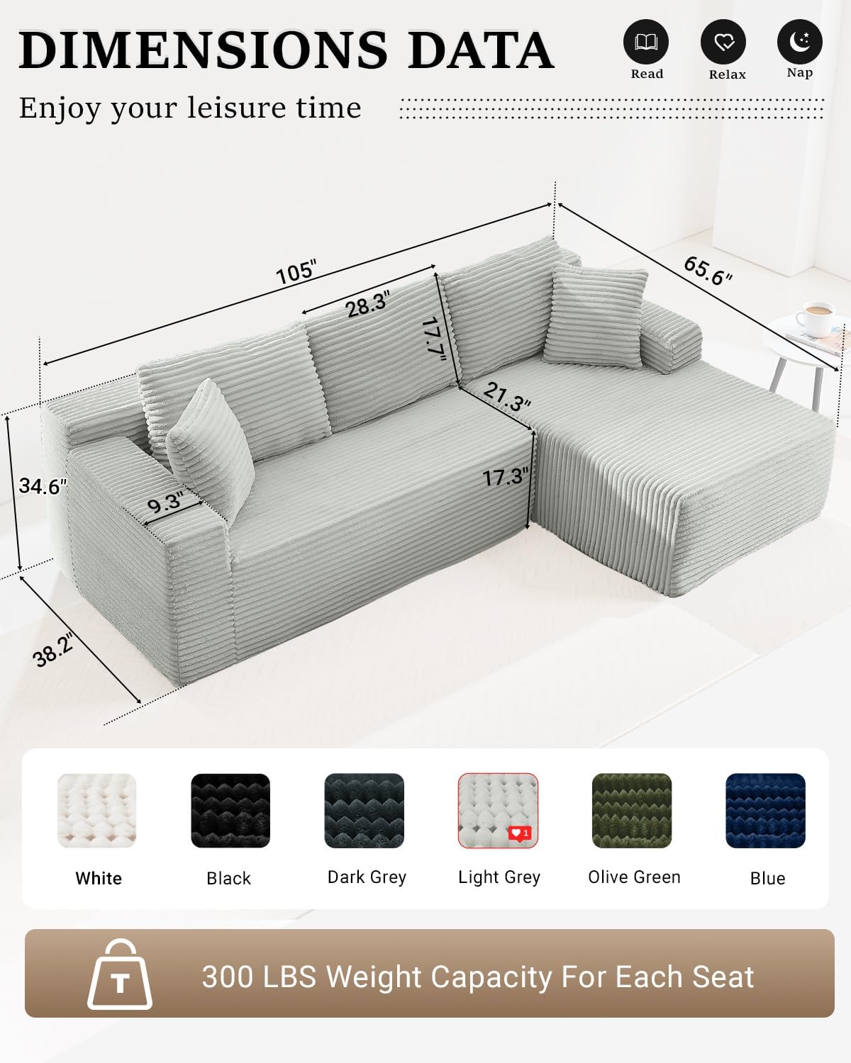 HANXIN Cloud Sectional Sofa L Shape Chaise Deep Seat Modular Living Room Couch
