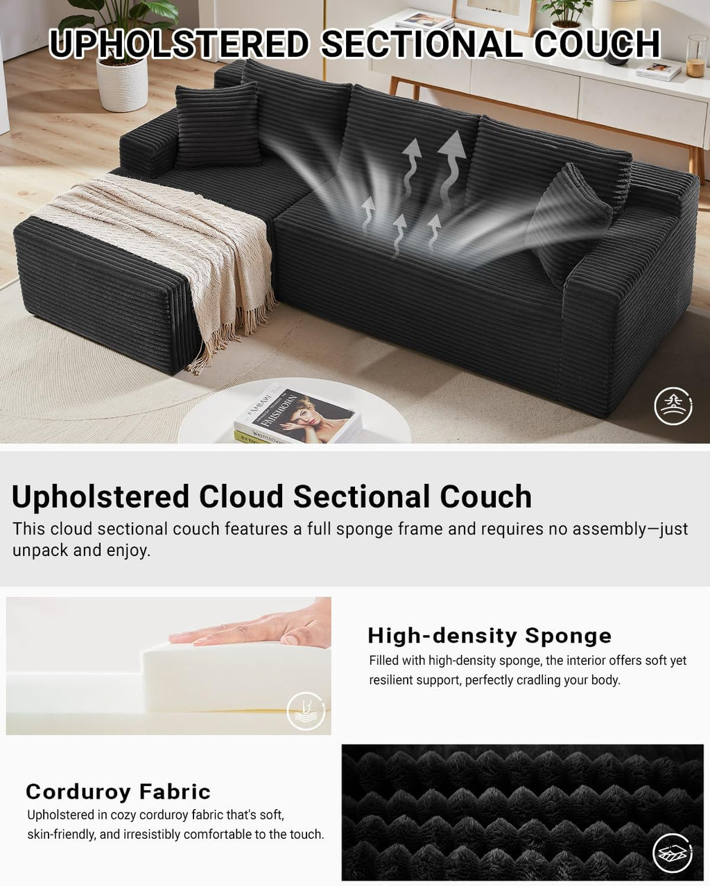 HANXIN Cloud Sectional Sofa L Shape Chaise Deep Seat Modular Living Room Couch