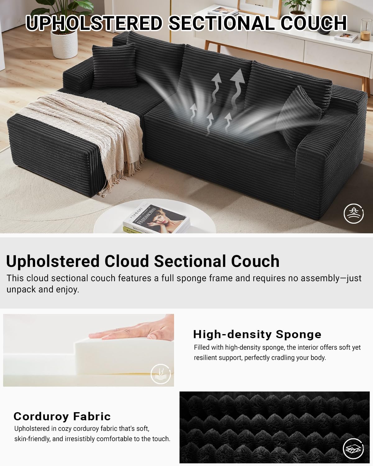 HANXIN Cloud Sectional Sofa L Shape Chaise Deep Seat Modular Living Room Couch