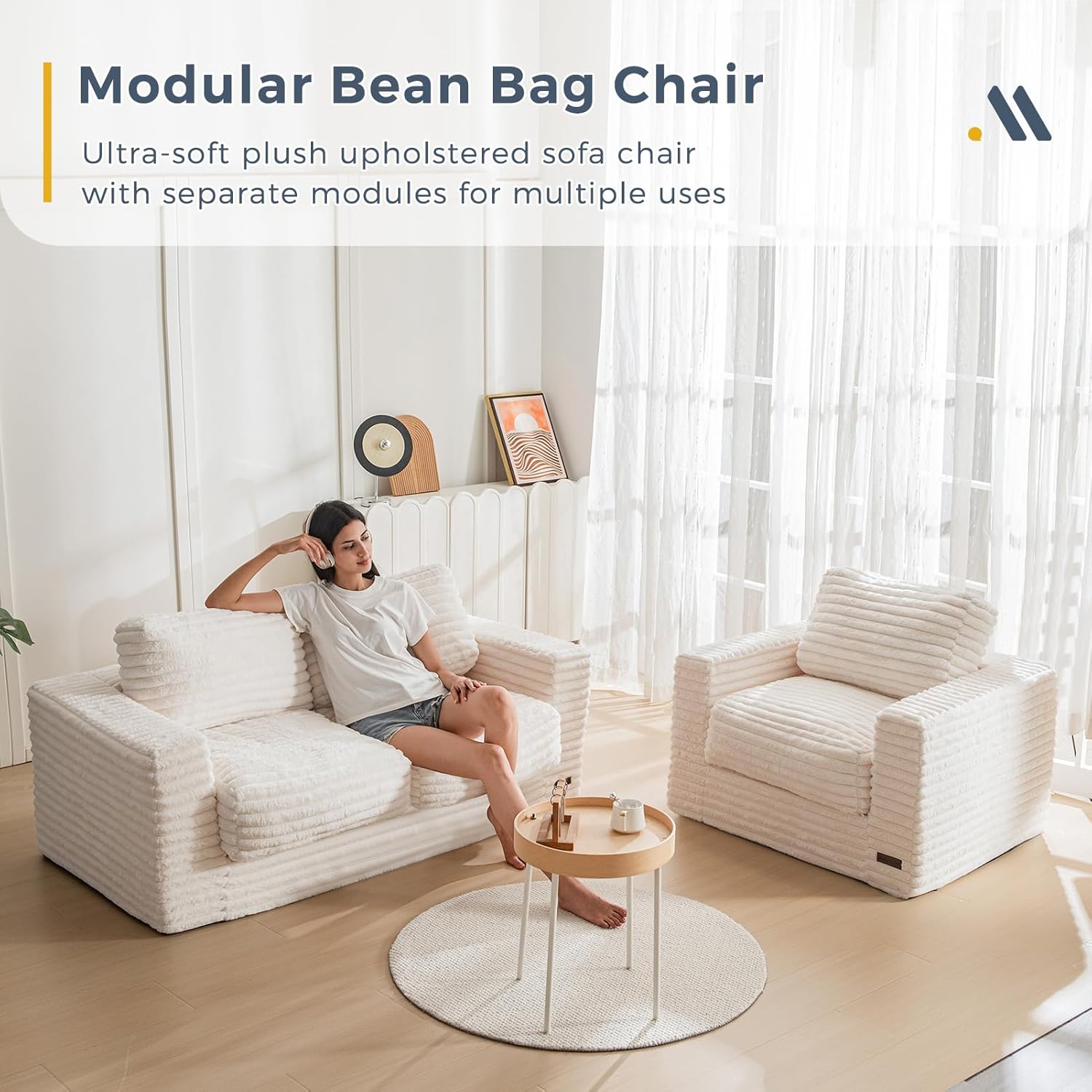 MAXYOYO Bean Bag Sofa with Armrests and Pillows Two Seat Fluffy Floor Couch