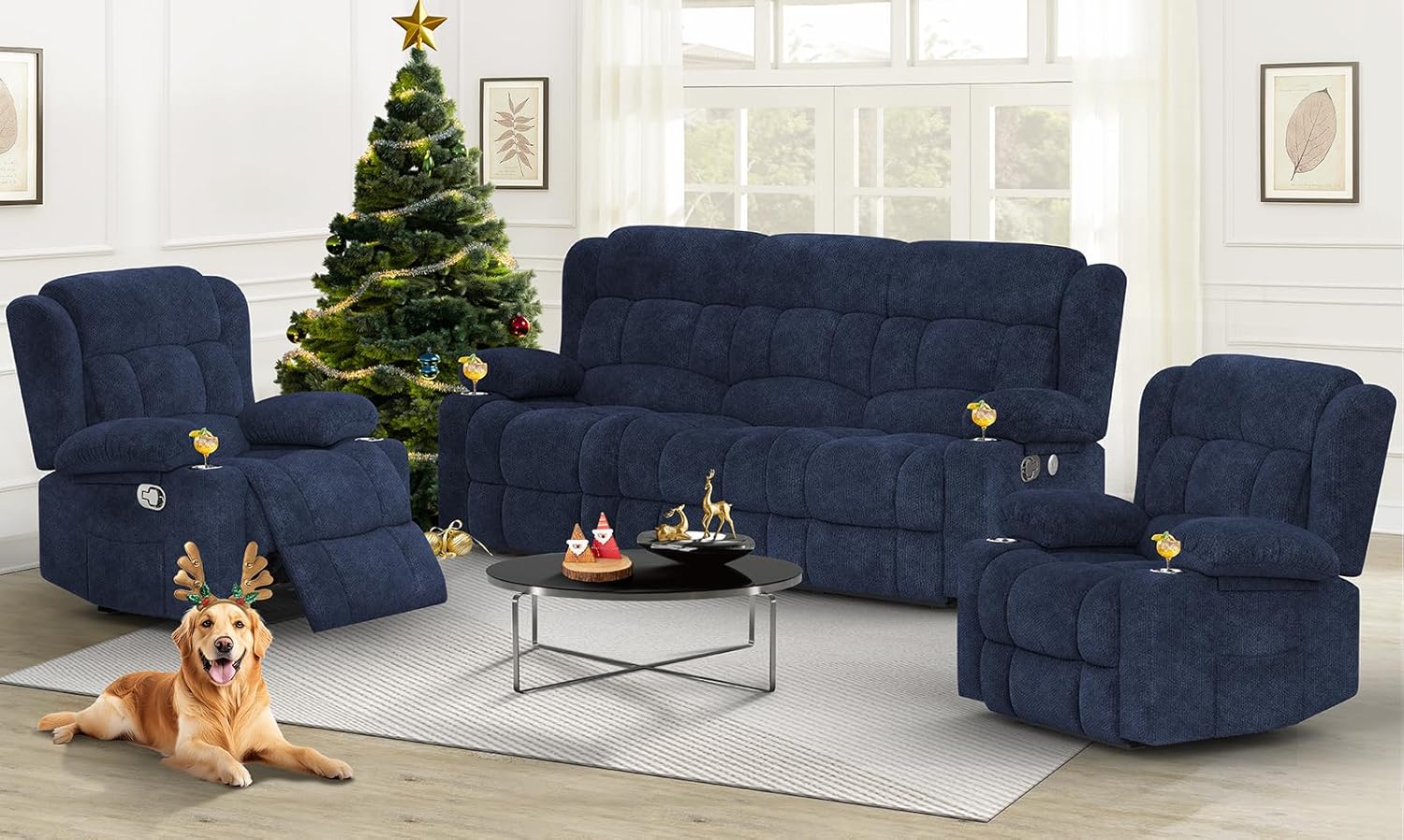 Dresegmt Loveseat Recliner Sofa 3 Seat Flip Backrest with Storage USB Cup Holders