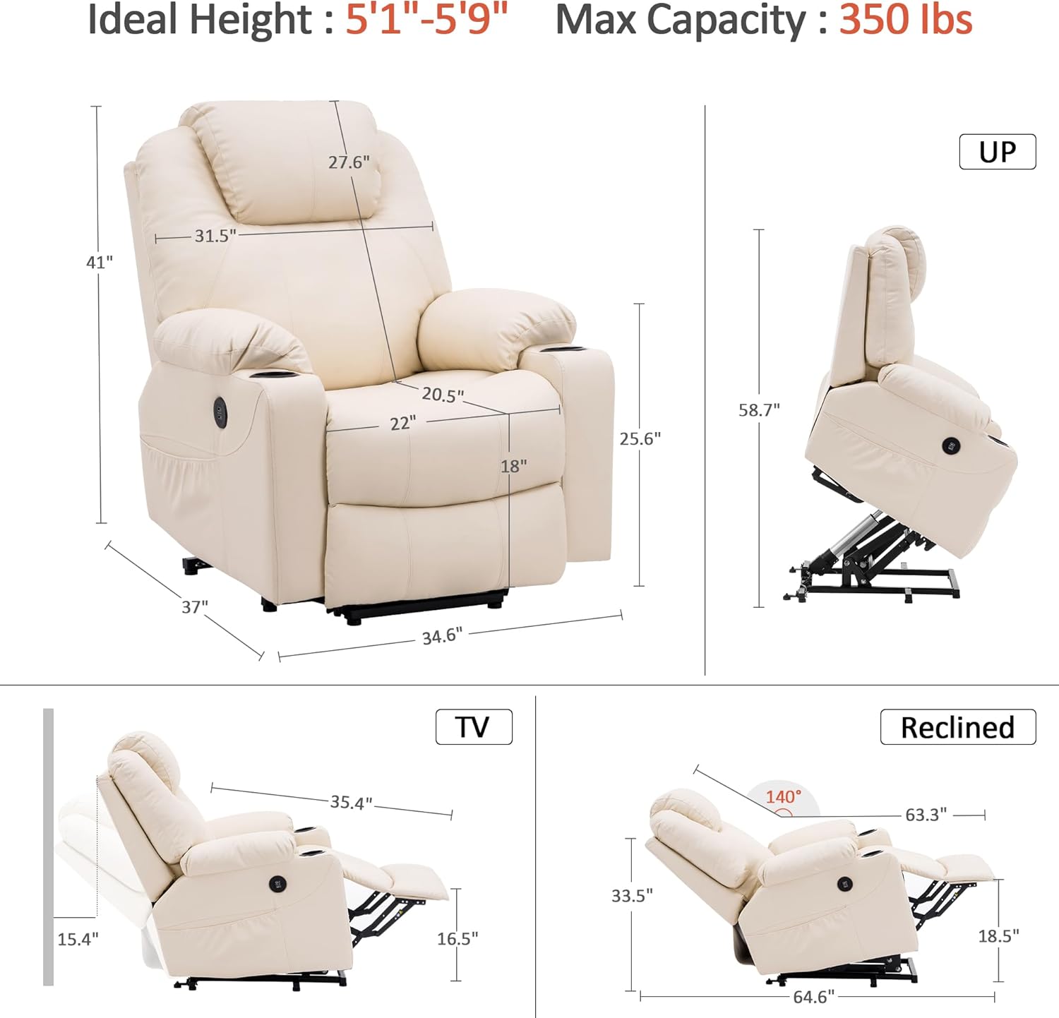 MCombo Electric Power Lift Recliner Massage Heat Chair for Elderly 3 Positions 2 Pockets USB