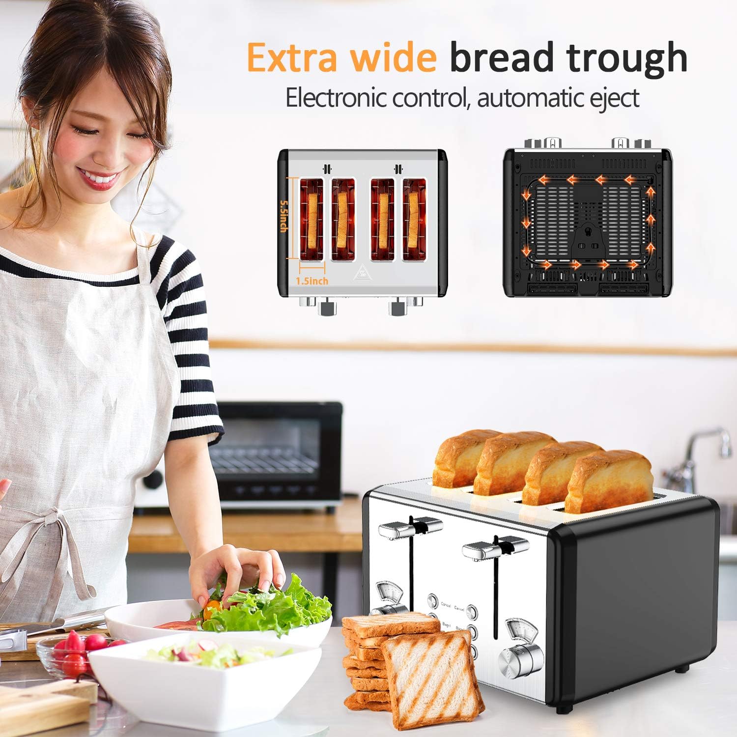 whall Digital Touch Screen Toaster 4 Slice Stainless Steel Dual Control Wide Slots