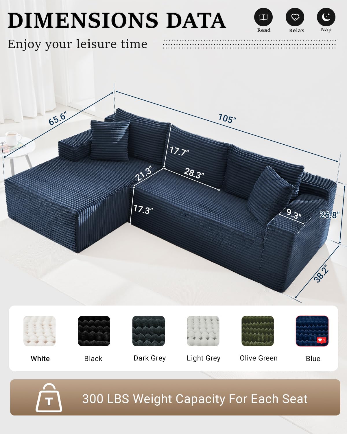 HANXIN Cloud Sectional Sofa L Shape Chaise Deep Seat Modular Living Room Couch