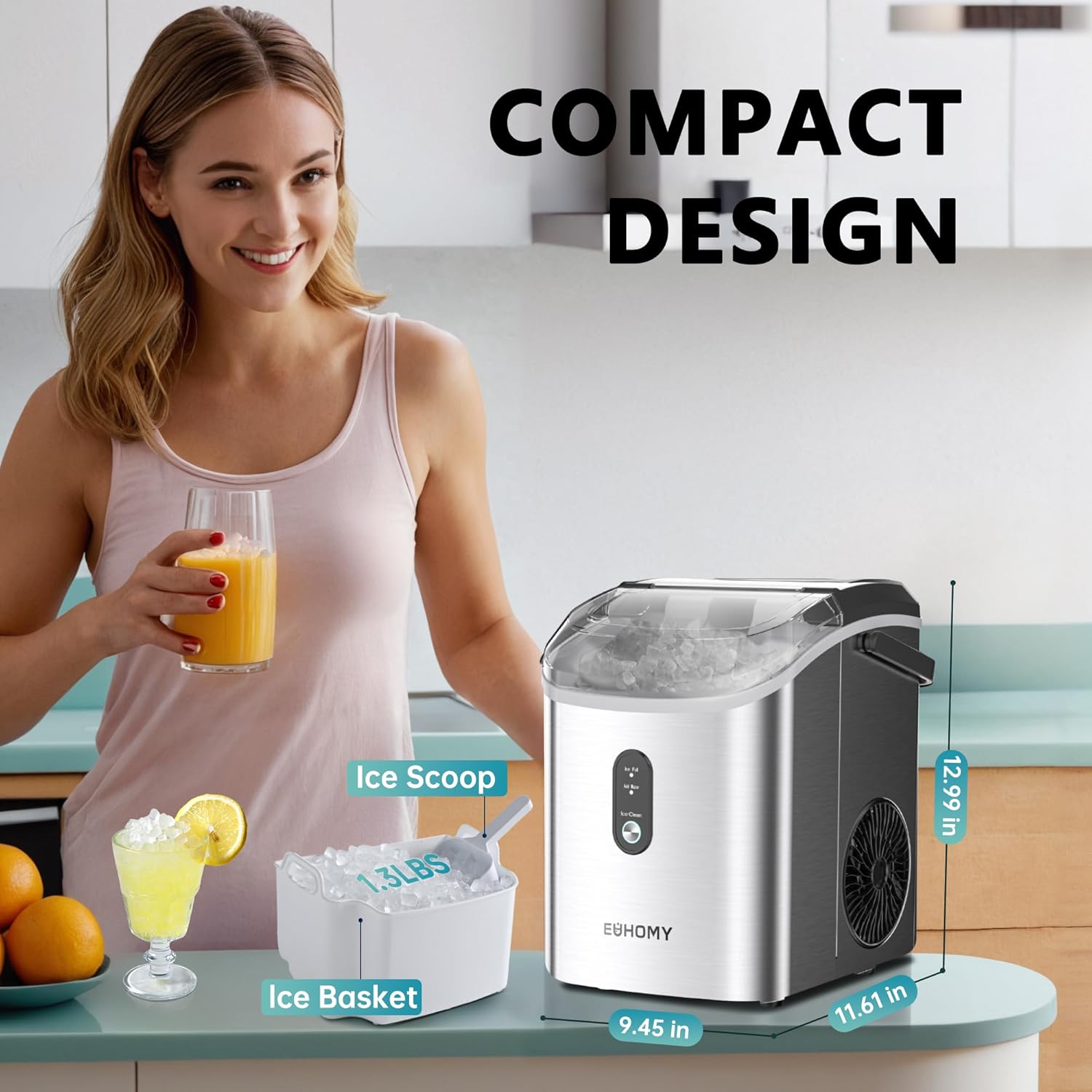 EUHOMY Nugget Ice Maker Countertop Portable 34lbs Daily with Handle