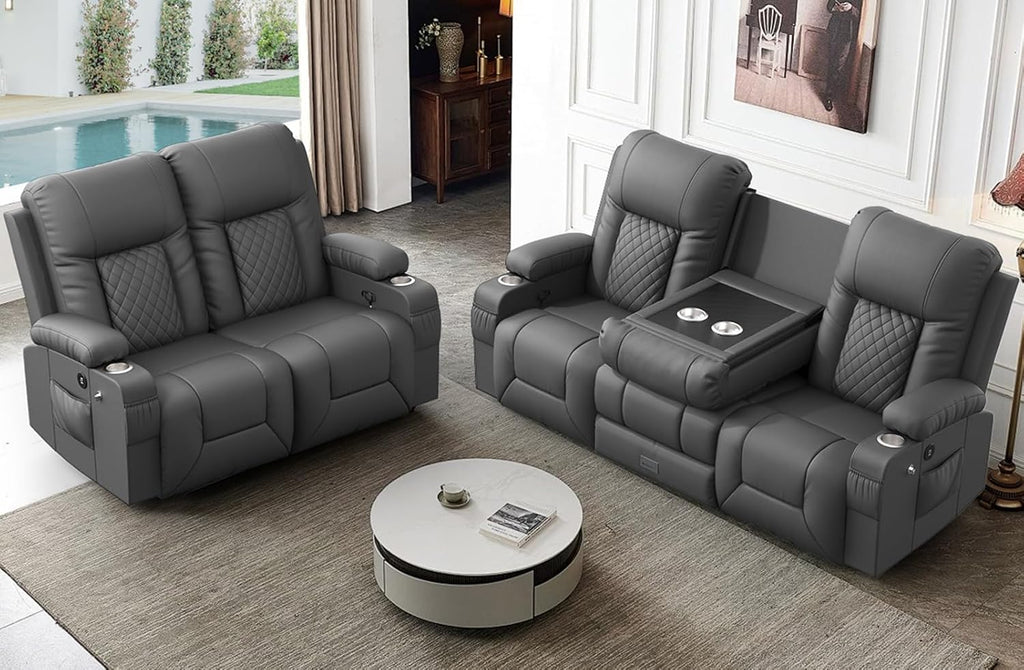 FURNIMAT 2 Seater Loveseat Recliner Sofa PU Leather with Cup Holders USB Ports