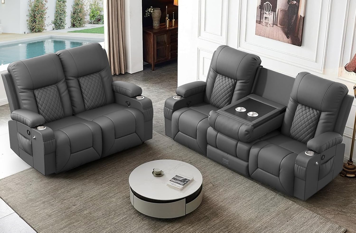 FURNIMAT Loveseat Recliner Sofa 2 Seater PU Leather Couch with USB Cup Holders
