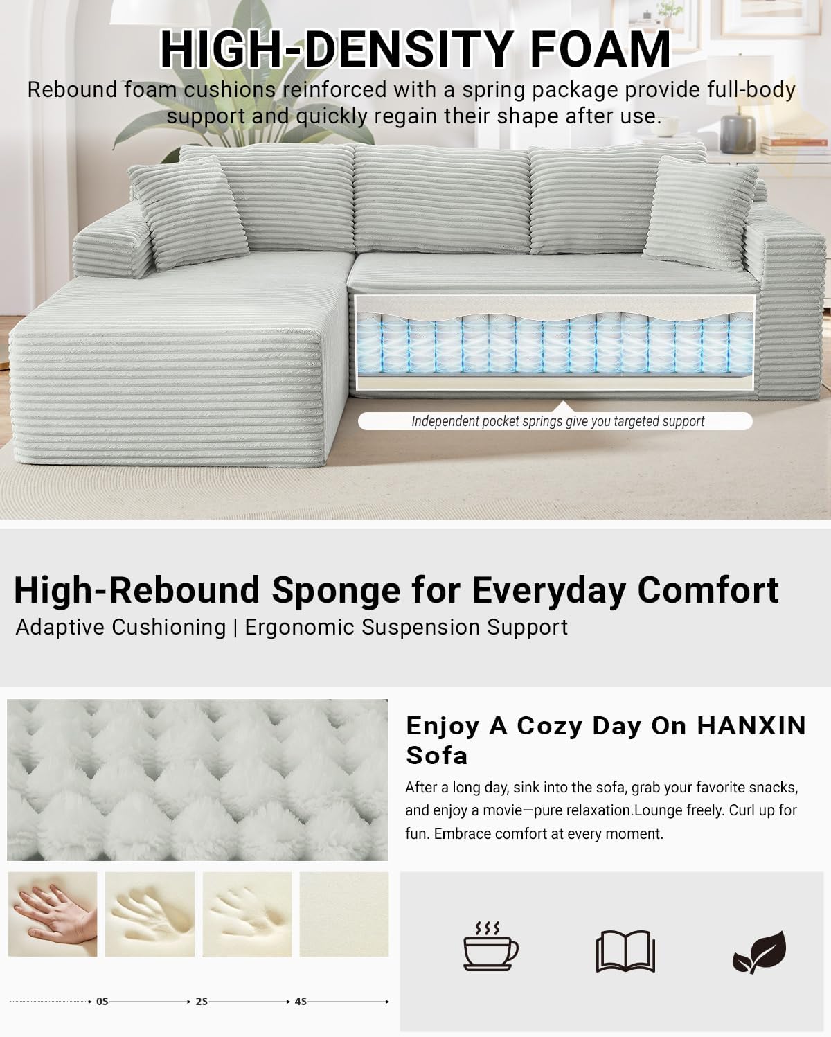 HANXIN Cloud Sectional Sofa L Shape Chaise Deep Seat Modular Living Room Couch